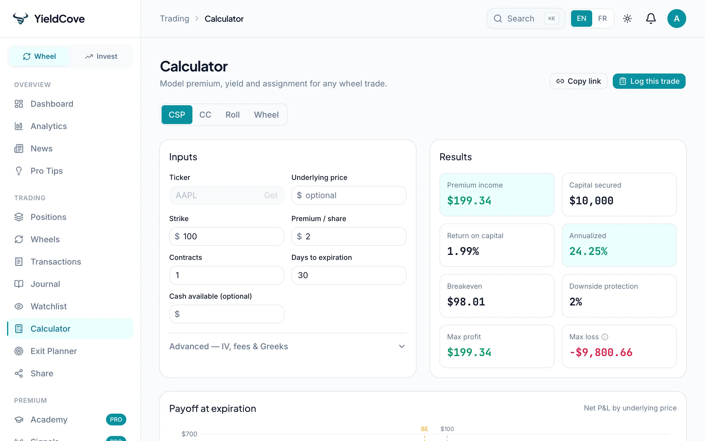YieldCove Calculator screen