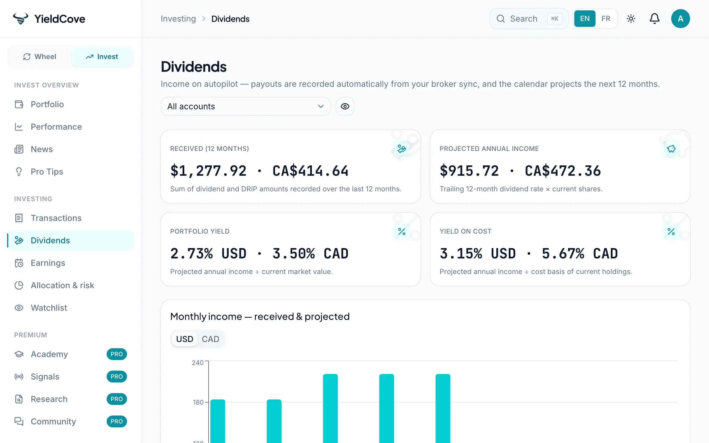 YieldCove Dividends screen