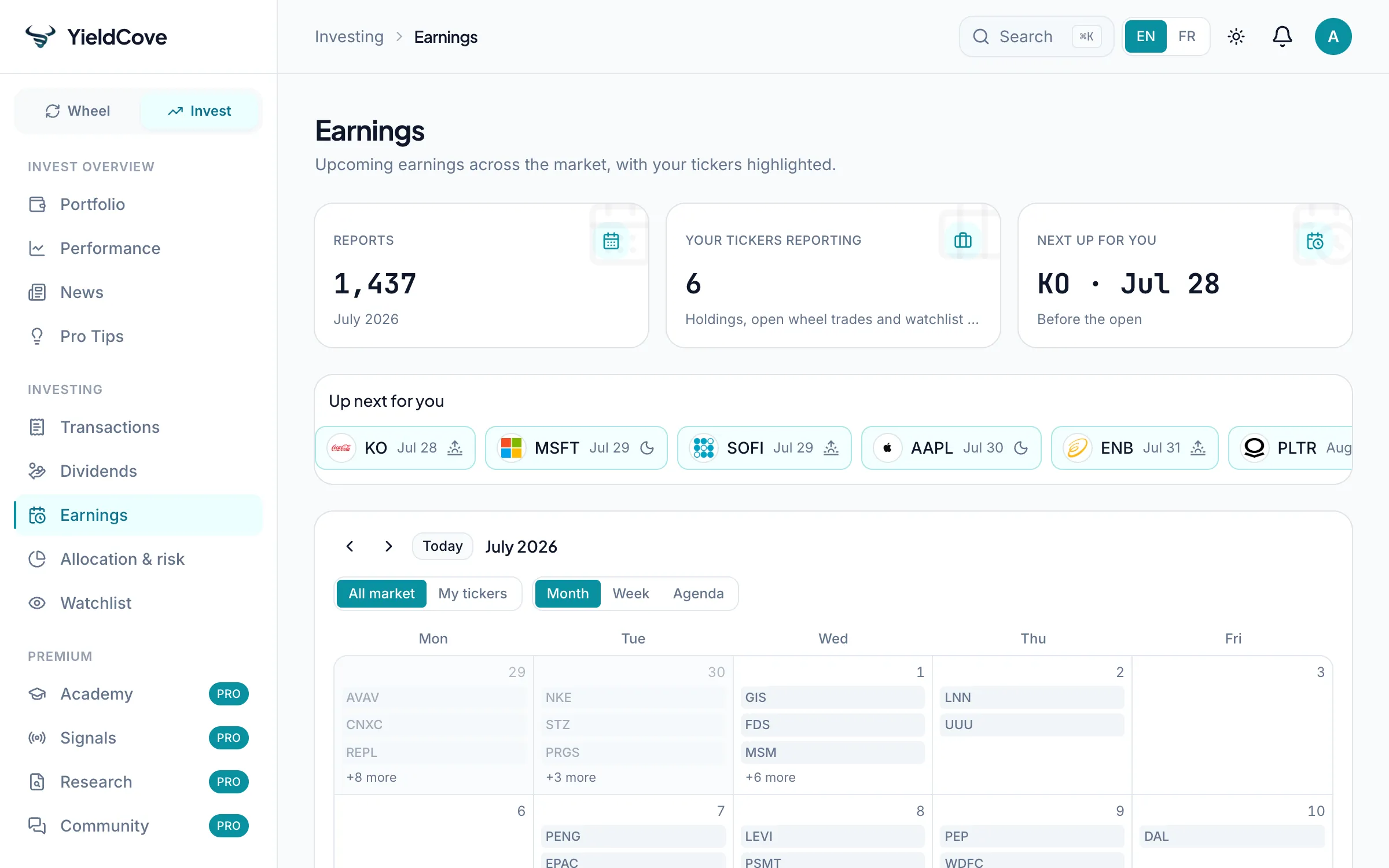 YieldCove Earnings screen