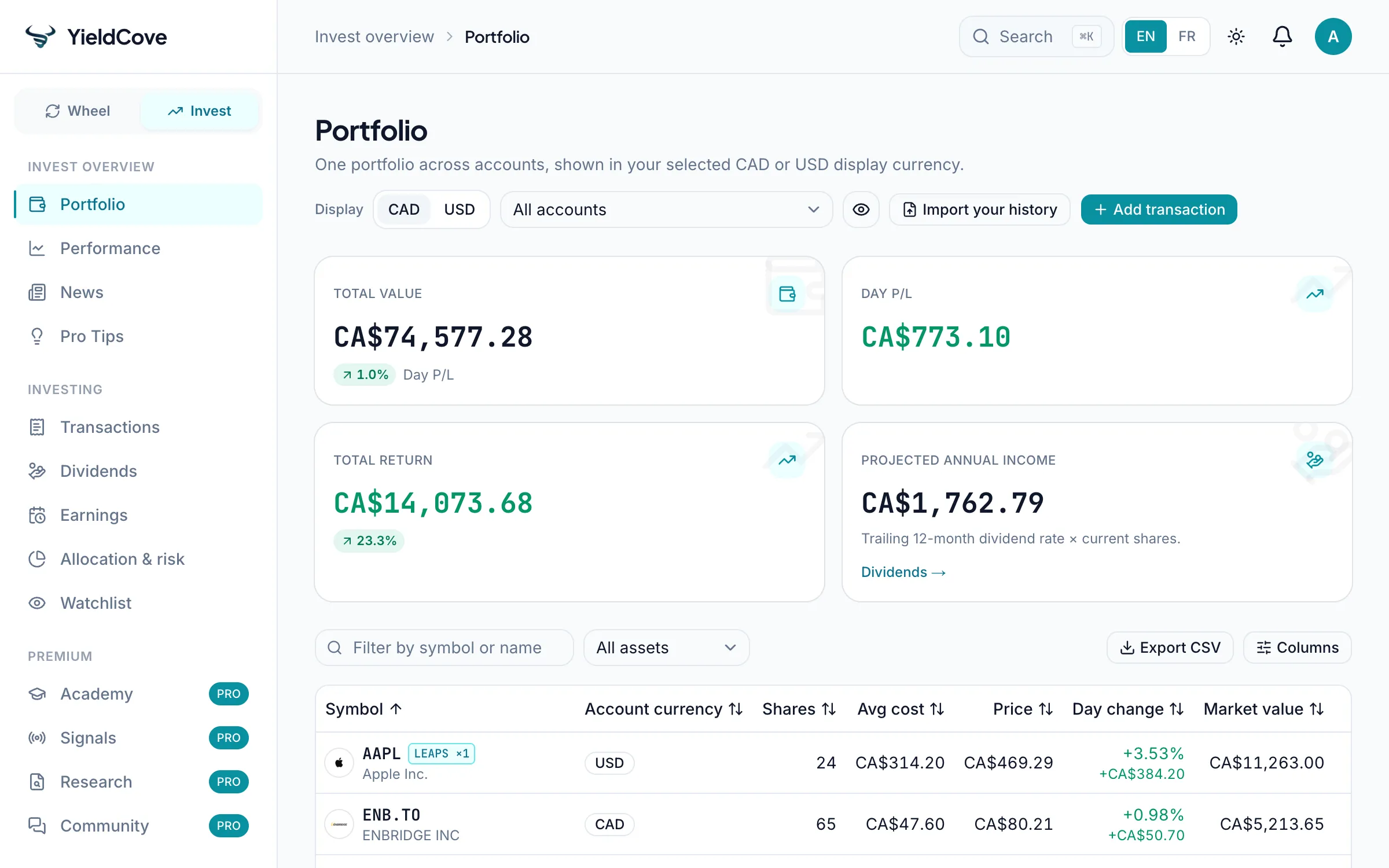 YieldCove Invest screen
