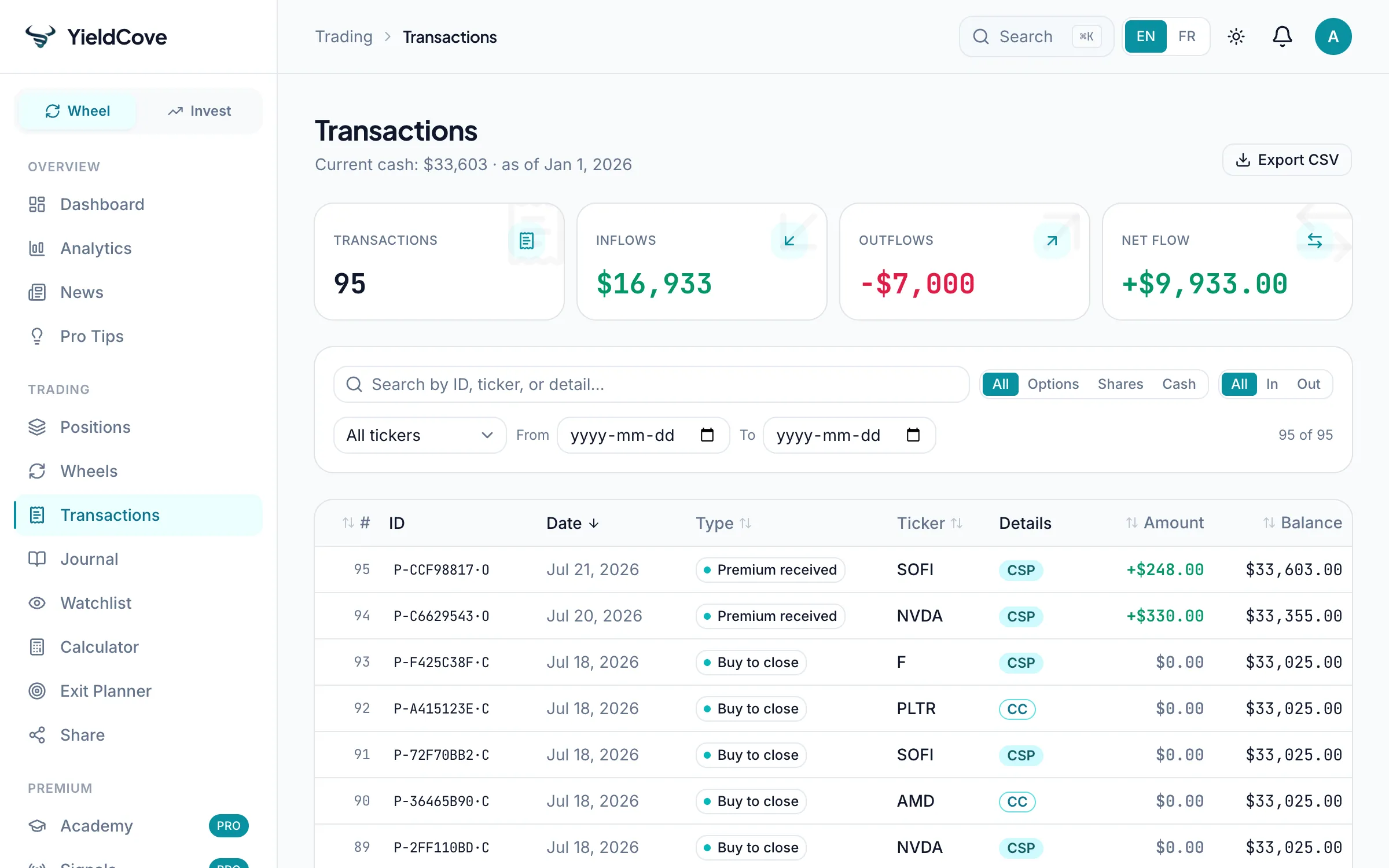 YieldCove Transactions screen