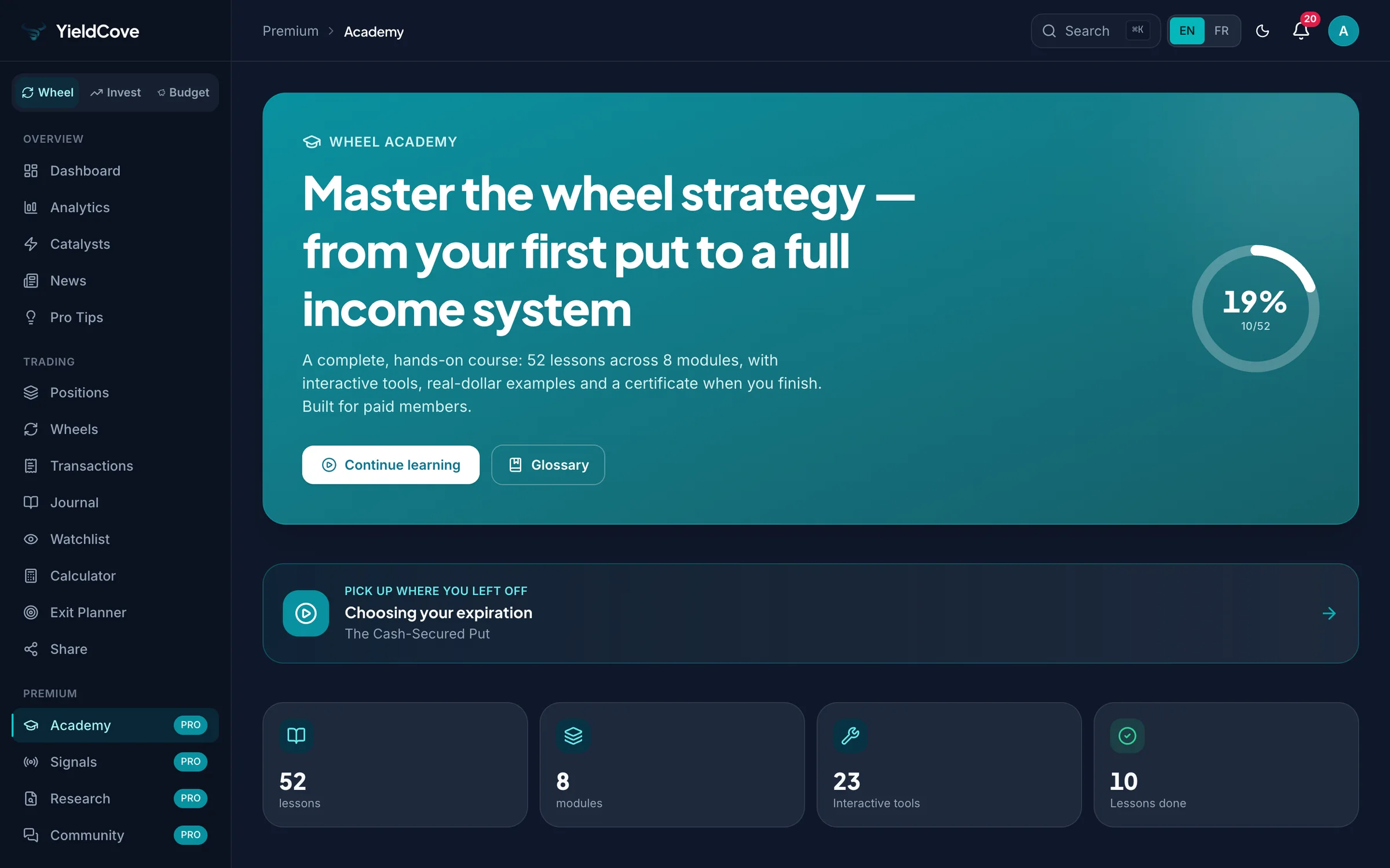 YieldCove Wheel Academy course home with module progress, a continue card and a completion certificate