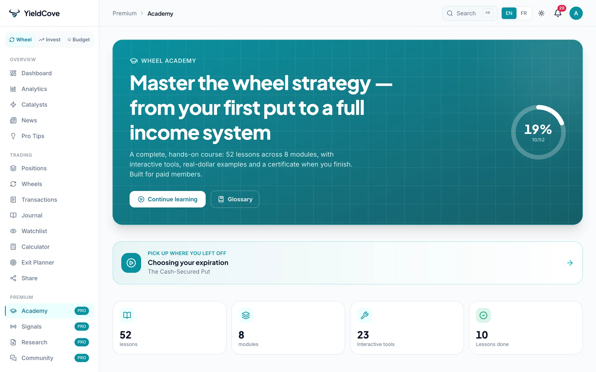 YieldCove Wheel Academy course home with module progress, a continue card and a completion certificate