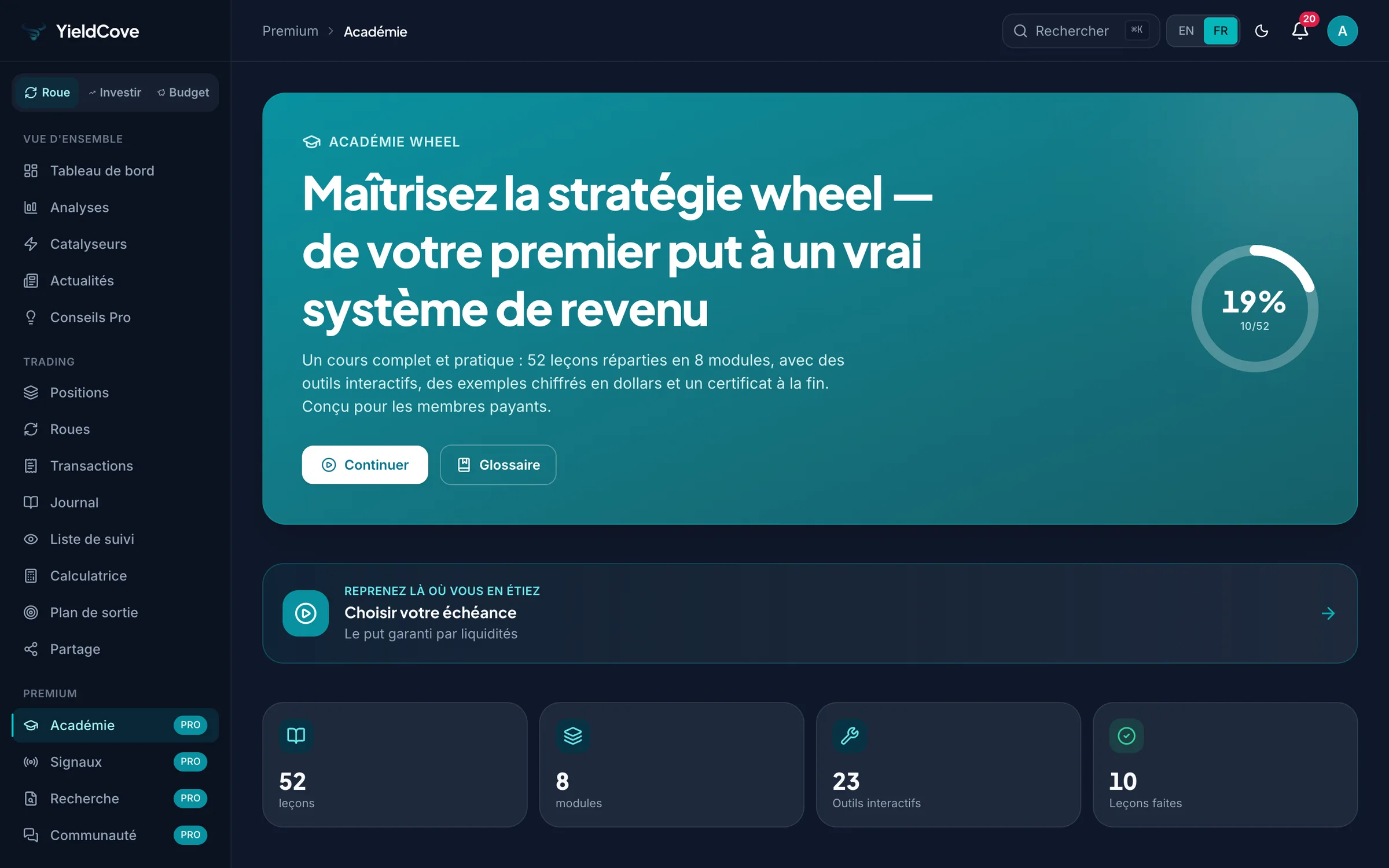 Accueil du cours Académie Wheel de YieldCove avec progression des modules et certificat de réussite