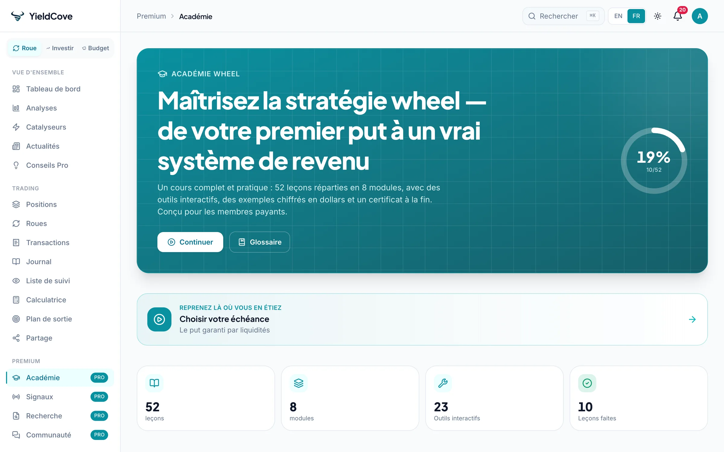 Accueil du cours Académie Wheel de YieldCove avec progression des modules et certificat de réussite