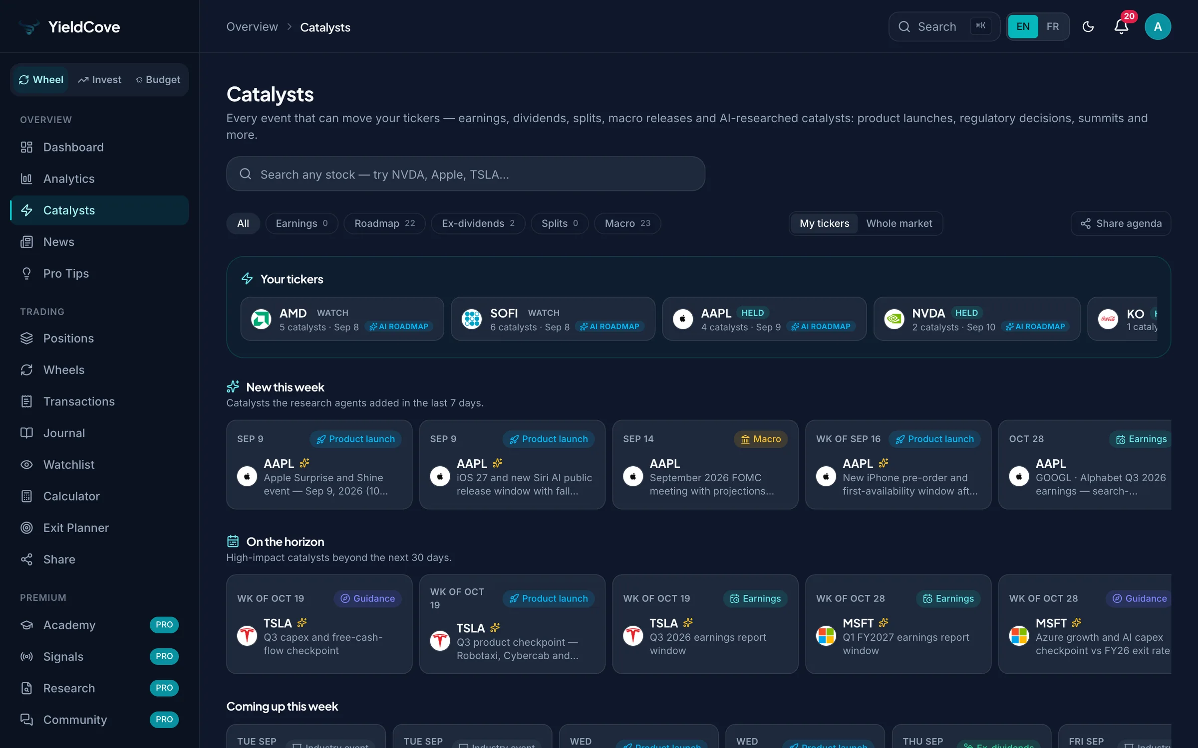 YieldCove Catalyst Intelligence showing a portfolio-aware market calendar and ticker research