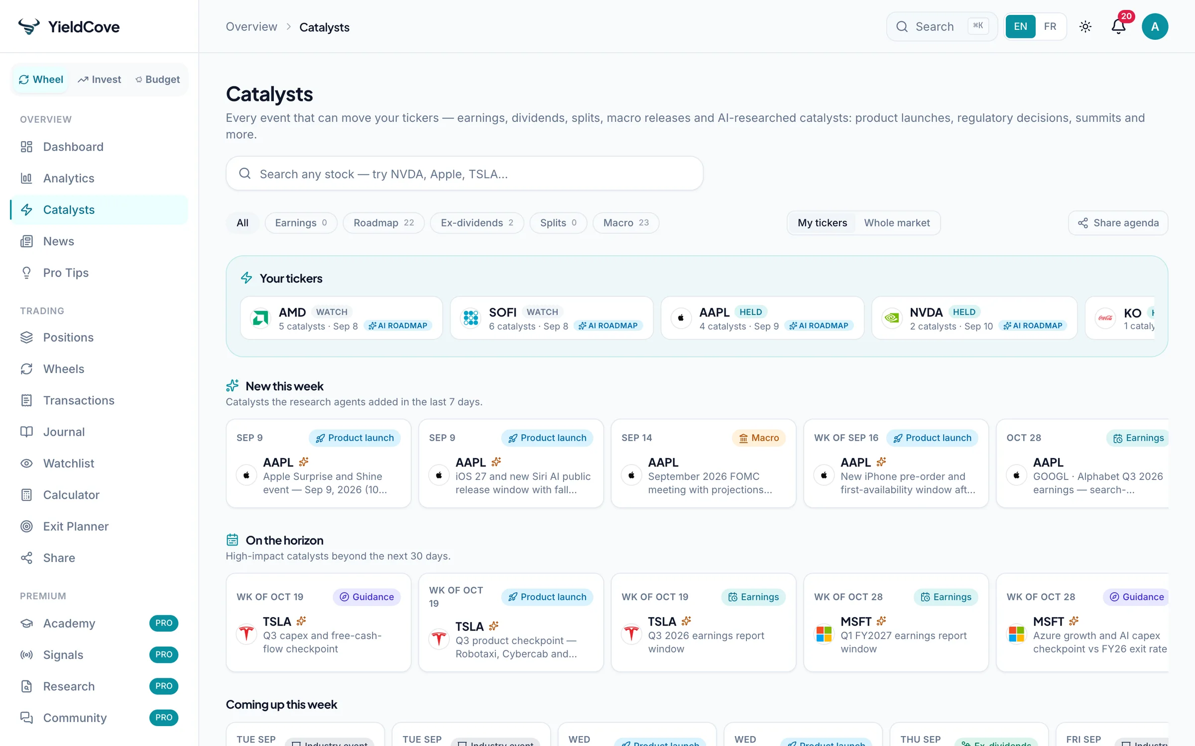 YieldCove Catalyst Intelligence showing a portfolio-aware market calendar and ticker research