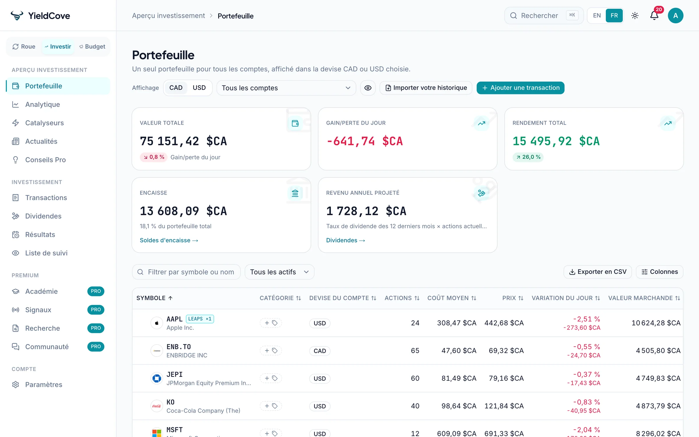 Portefeuille Invest YieldCove avec placements répartis sur plusieurs comptes, soldes et performance