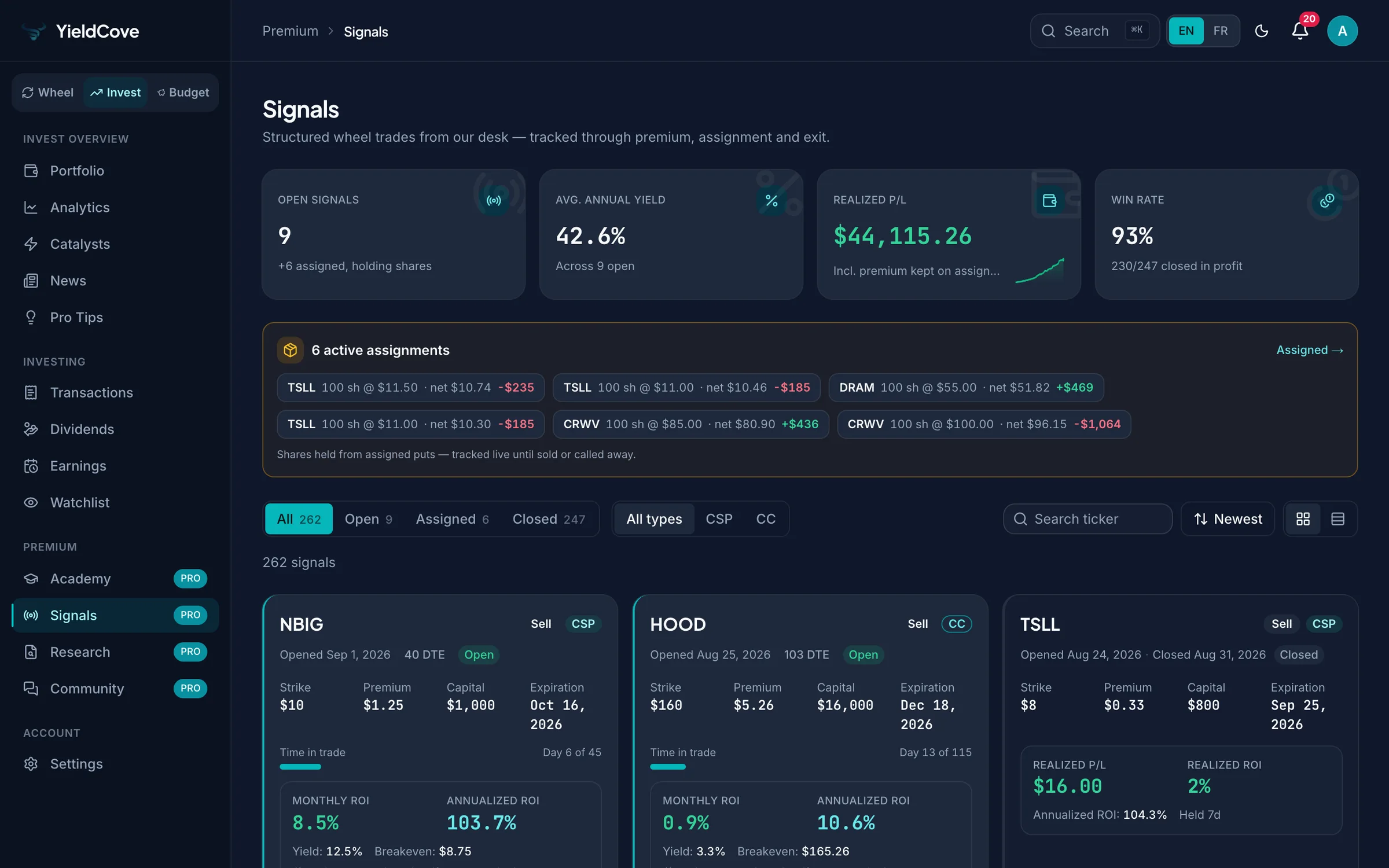 YieldCove premium Signals feed with AAPL, MSFT and NVDA trade ideas and a mobile alert