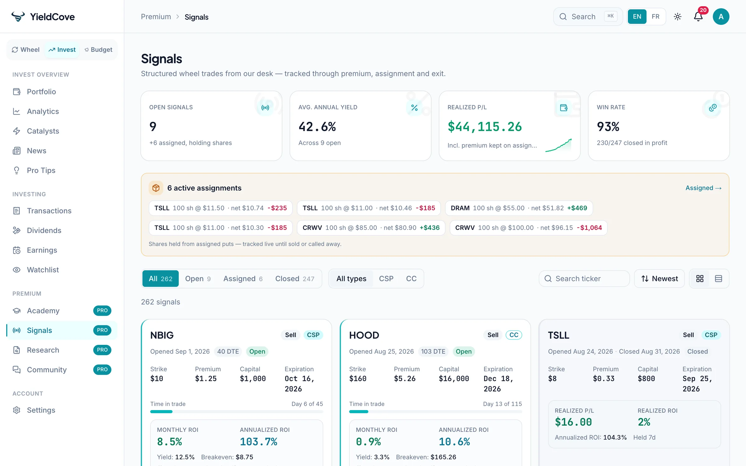 YieldCove premium Signals feed with AAPL, MSFT and NVDA trade ideas and a mobile alert