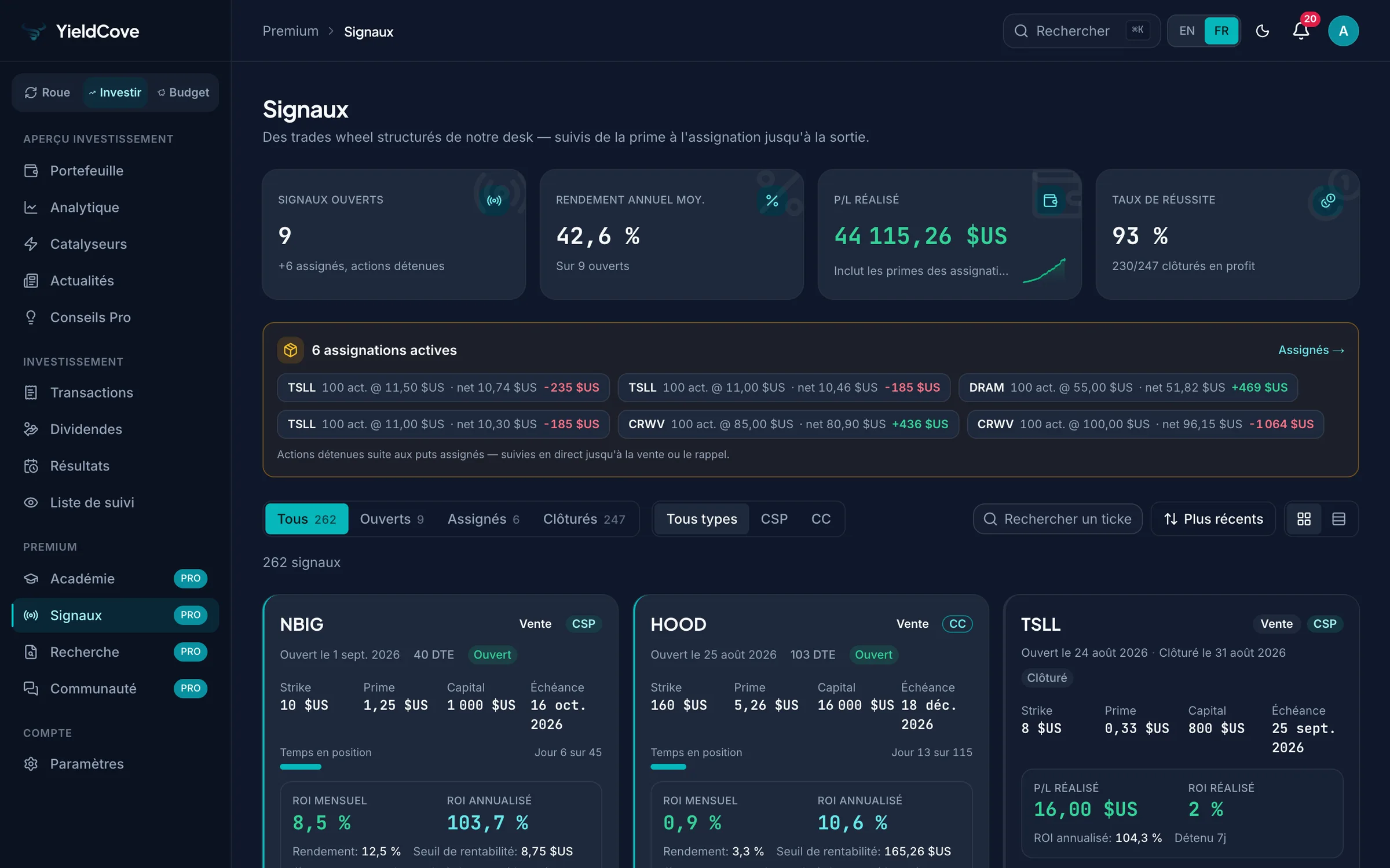 Fil de Signaux premium de YieldCove avec des idées de trade AAPL, MSFT et NVDA et une alerte mobile