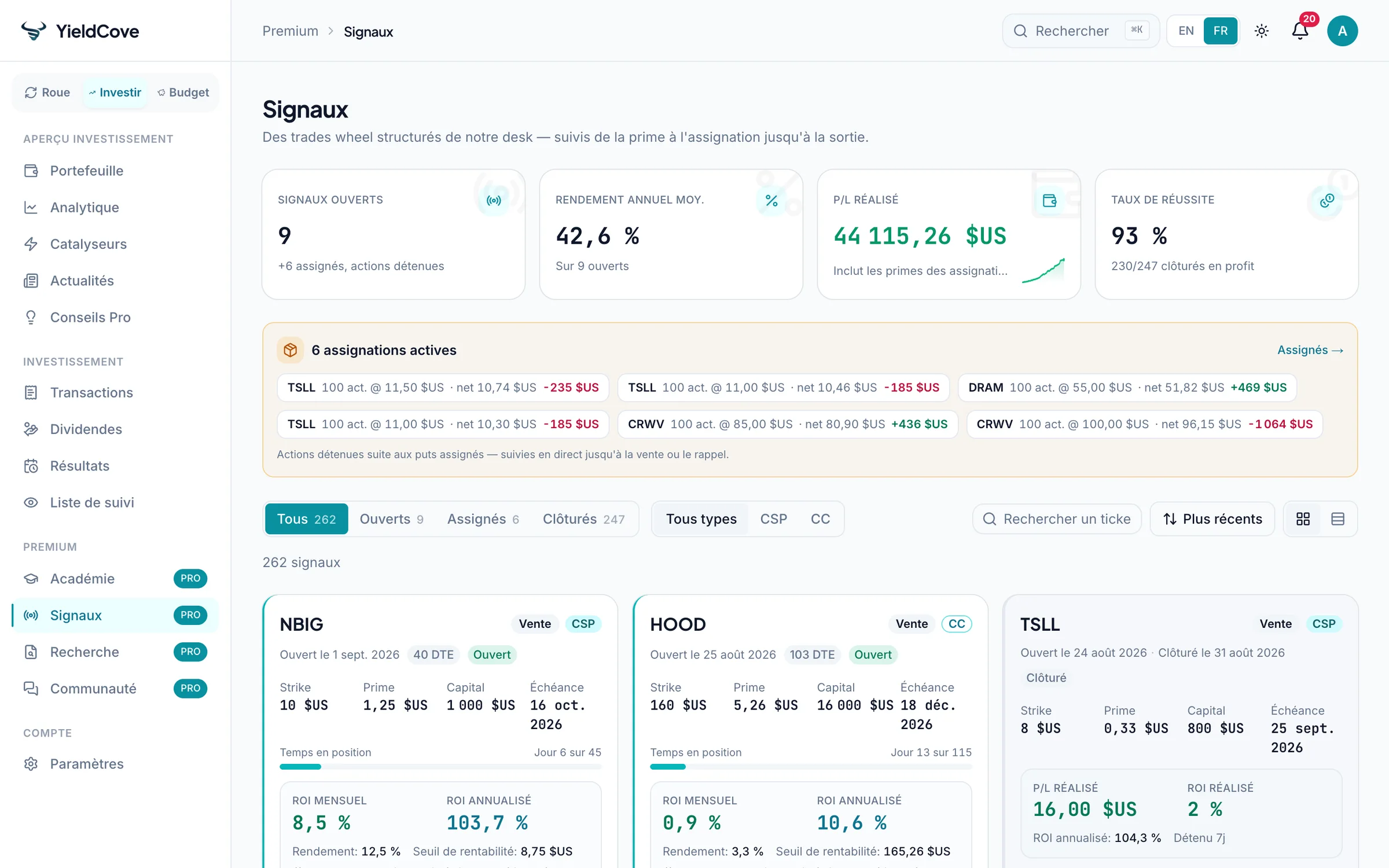 Fil de Signaux premium de YieldCove avec des idées de trade AAPL, MSFT et NVDA et une alerte mobile