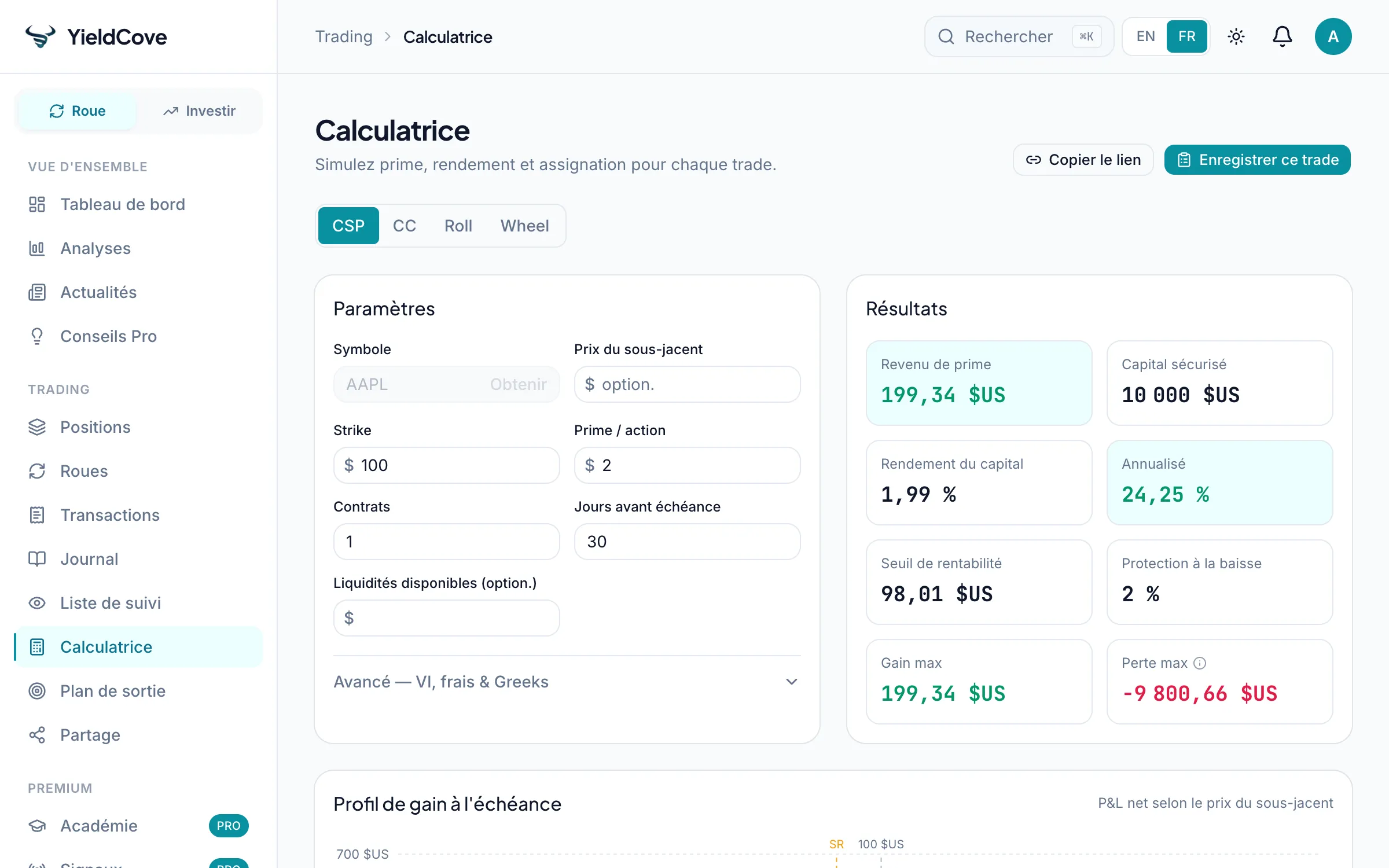 YieldCove Calculatrice screen