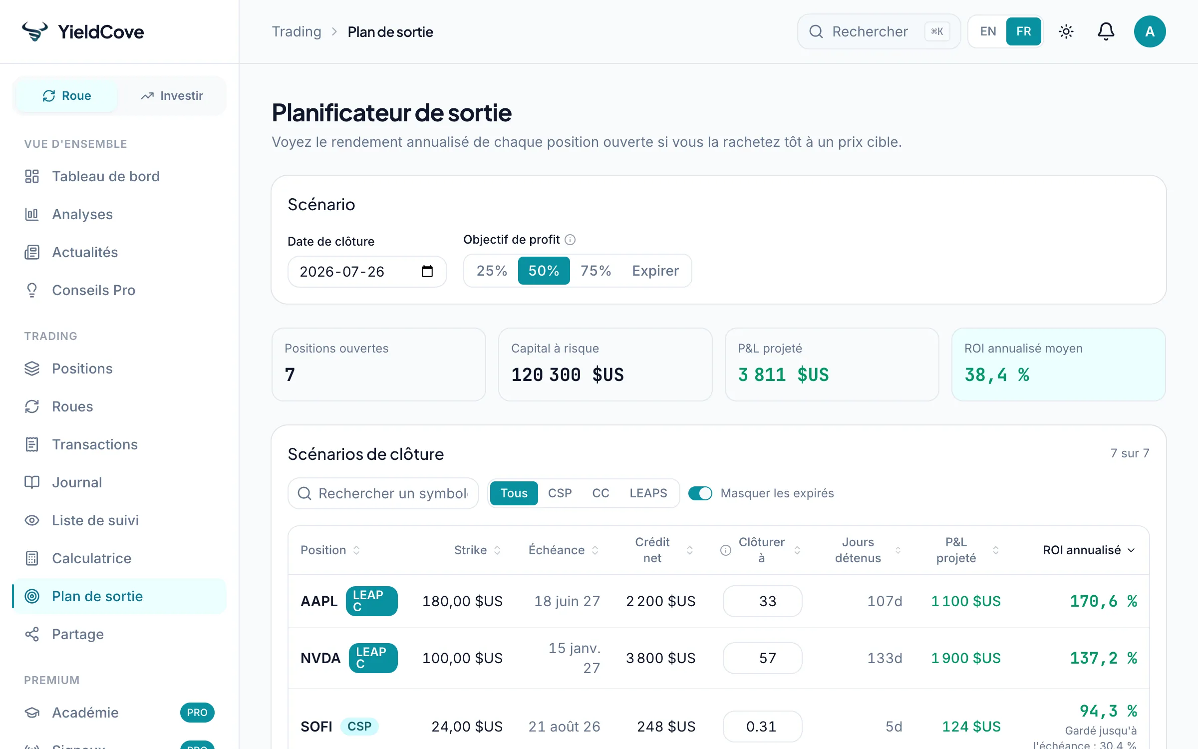 YieldCove Plan de sortie screen