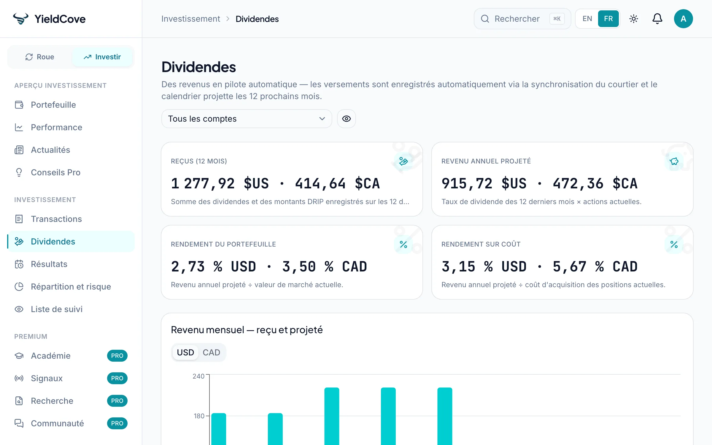 YieldCove Dividendes screen