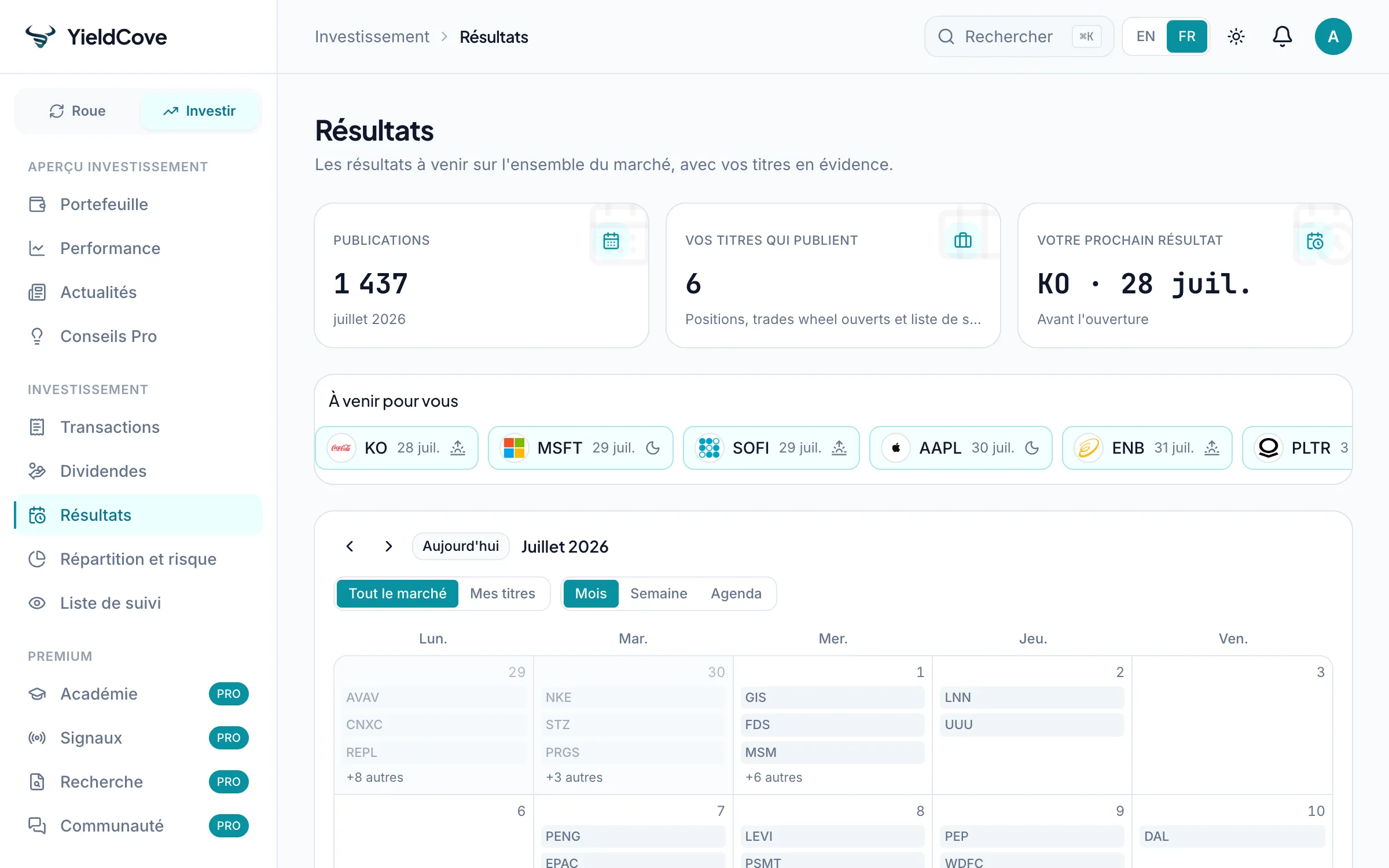 YieldCove Résultats screen