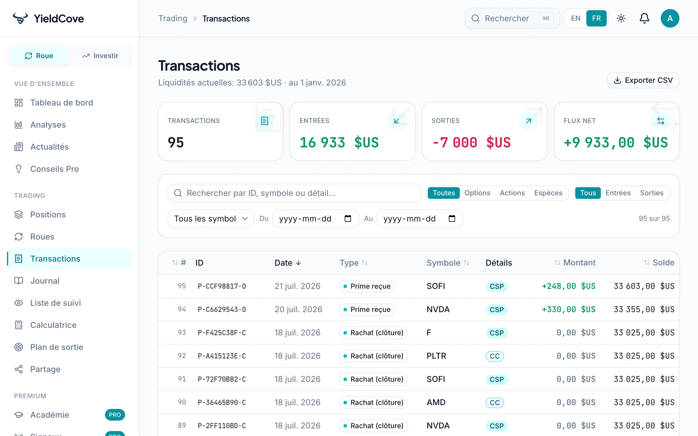 YieldCove Transactions screen