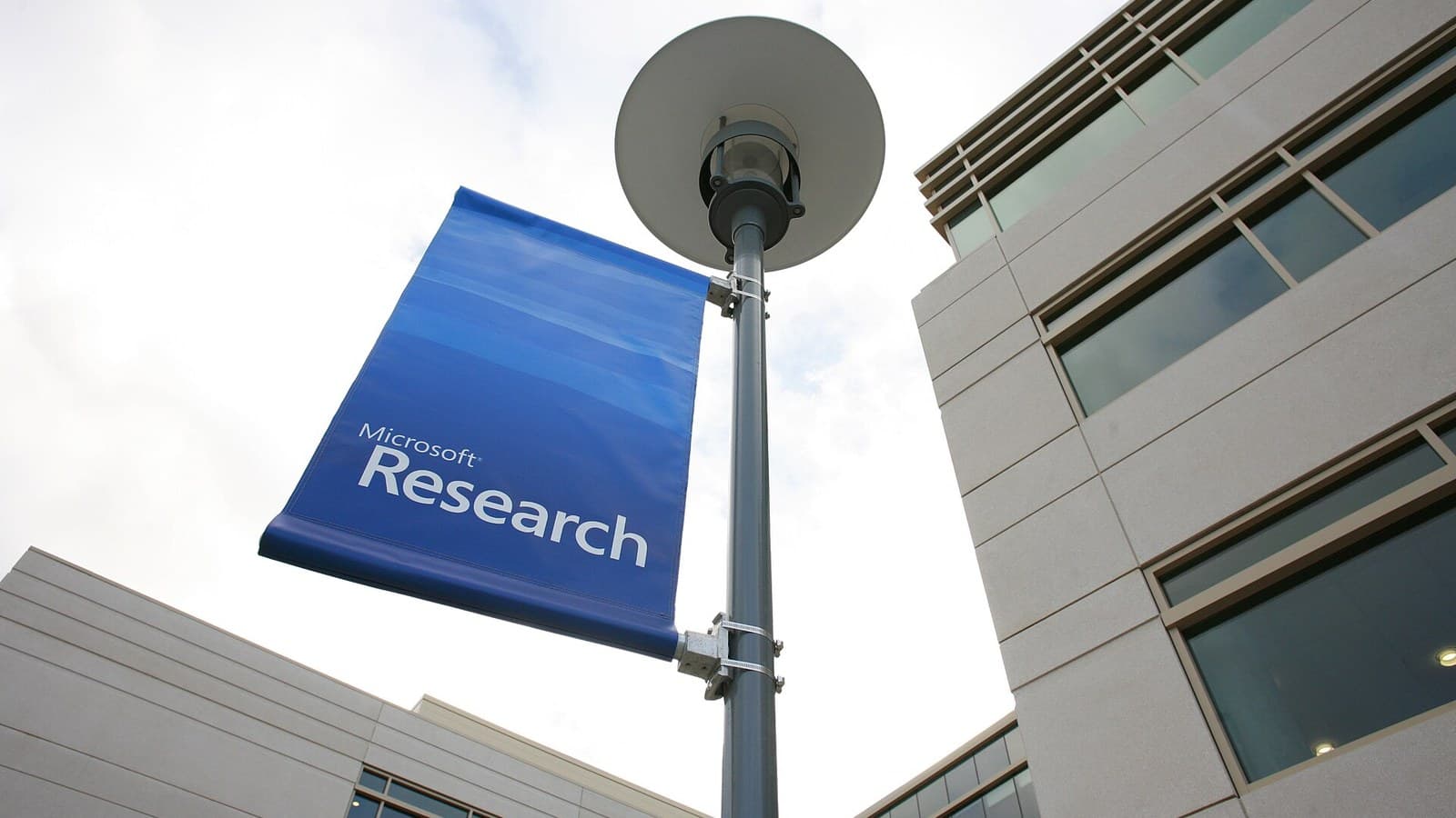 Microsoft Research banner outside building 99 on the Redmond campus