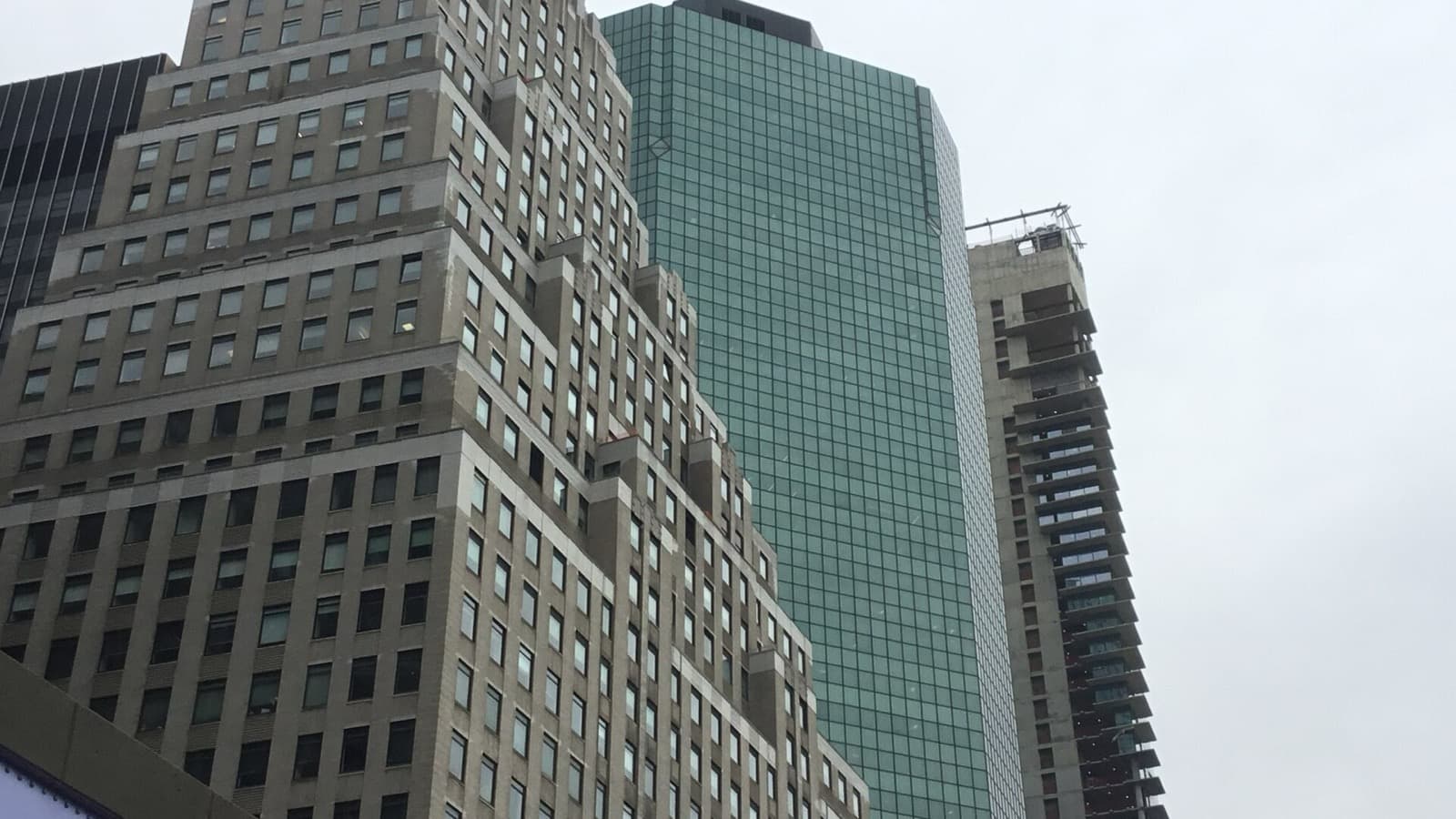 Office towers in Manhattan’s Financial District viewed from street level