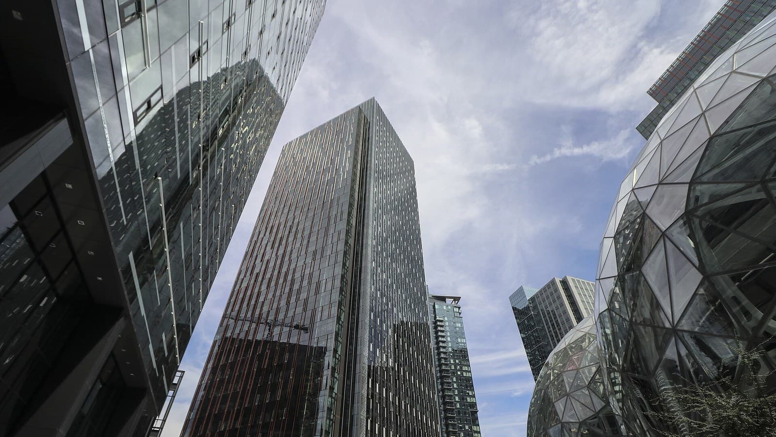Amazon Spheres and glass office towers at the company’s Seattle headquarters