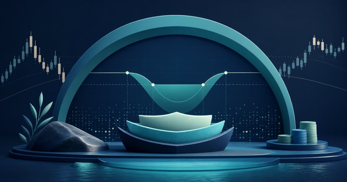A calm teal protective cove surrounding an options payoff curve and market data