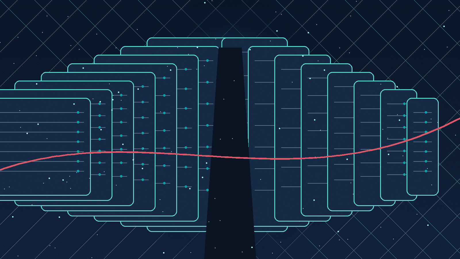 Editorial illustration of a high-density AI cloud data center with luminous compute corridors.