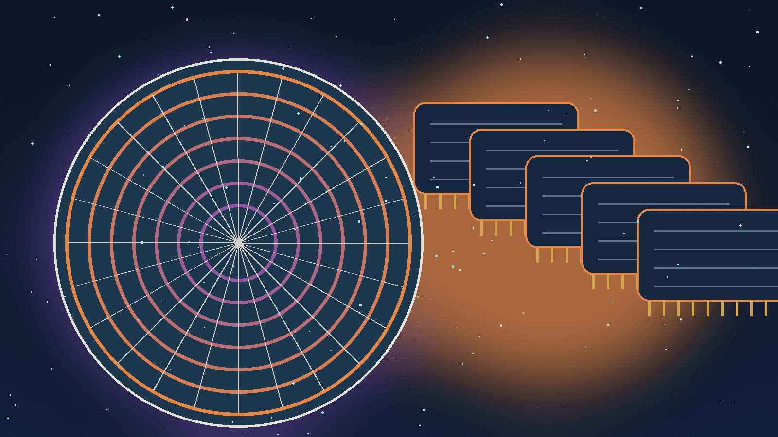 Semiconductor wafer and memory circuitry illuminated by pre-market sunrise light.