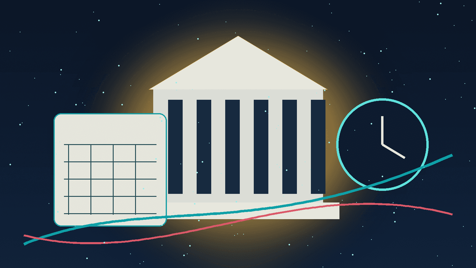 Editorial illustration of a policy calendar, a central-bank building and diverging rate paths.