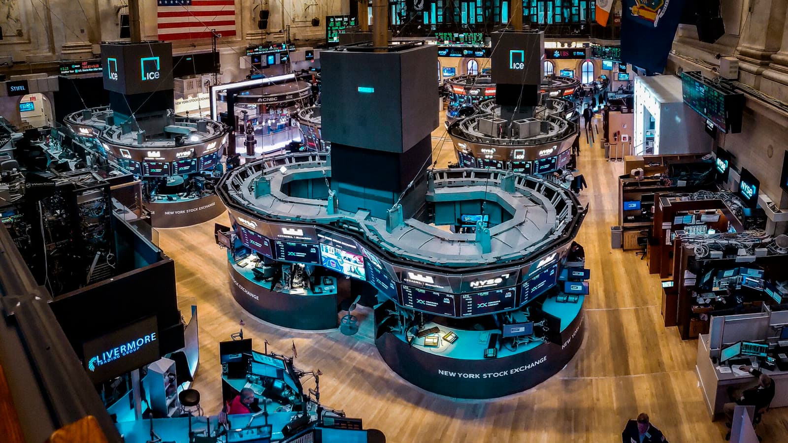 A wide view across the New York Stock Exchange trading floor