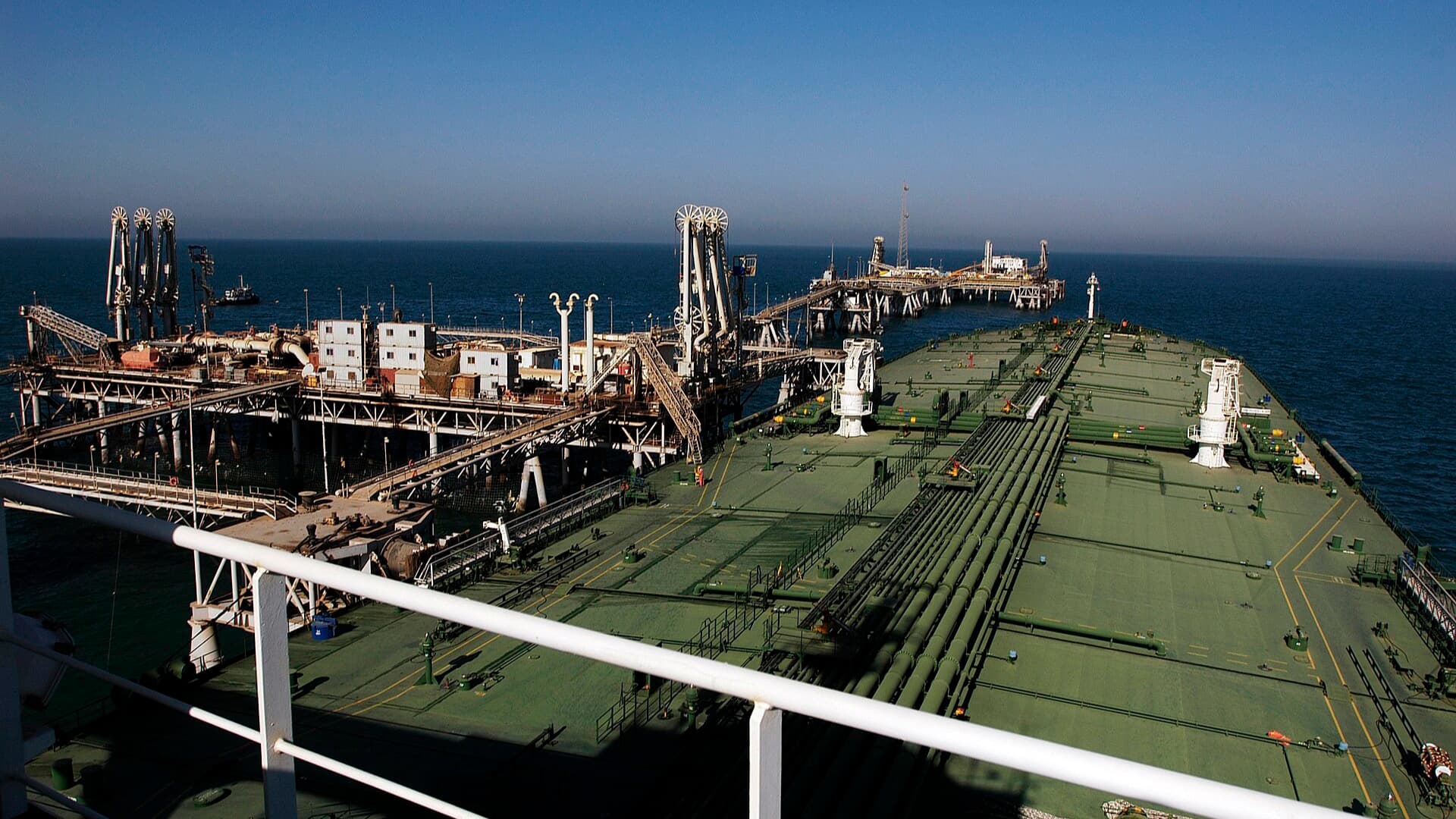 Oil tanker loading crude at the Al Basrah Oil Terminal in the Persian Gulf, photographed by the U.S. Navy.
