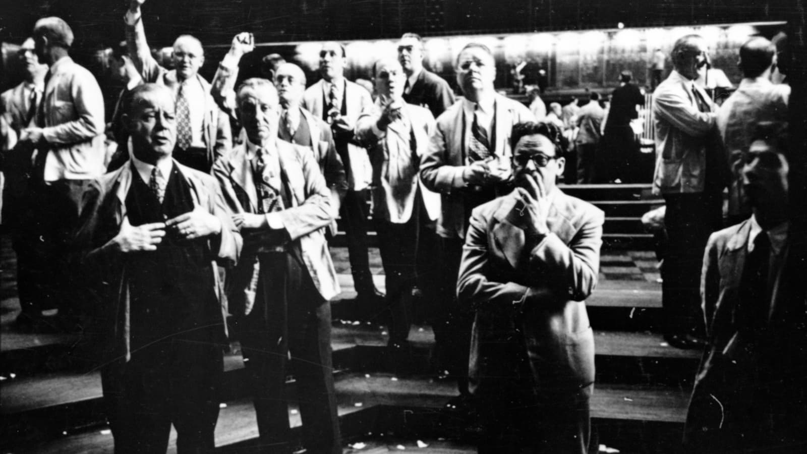 Traders signaling on the Chicago Board of Trade floor in 1949