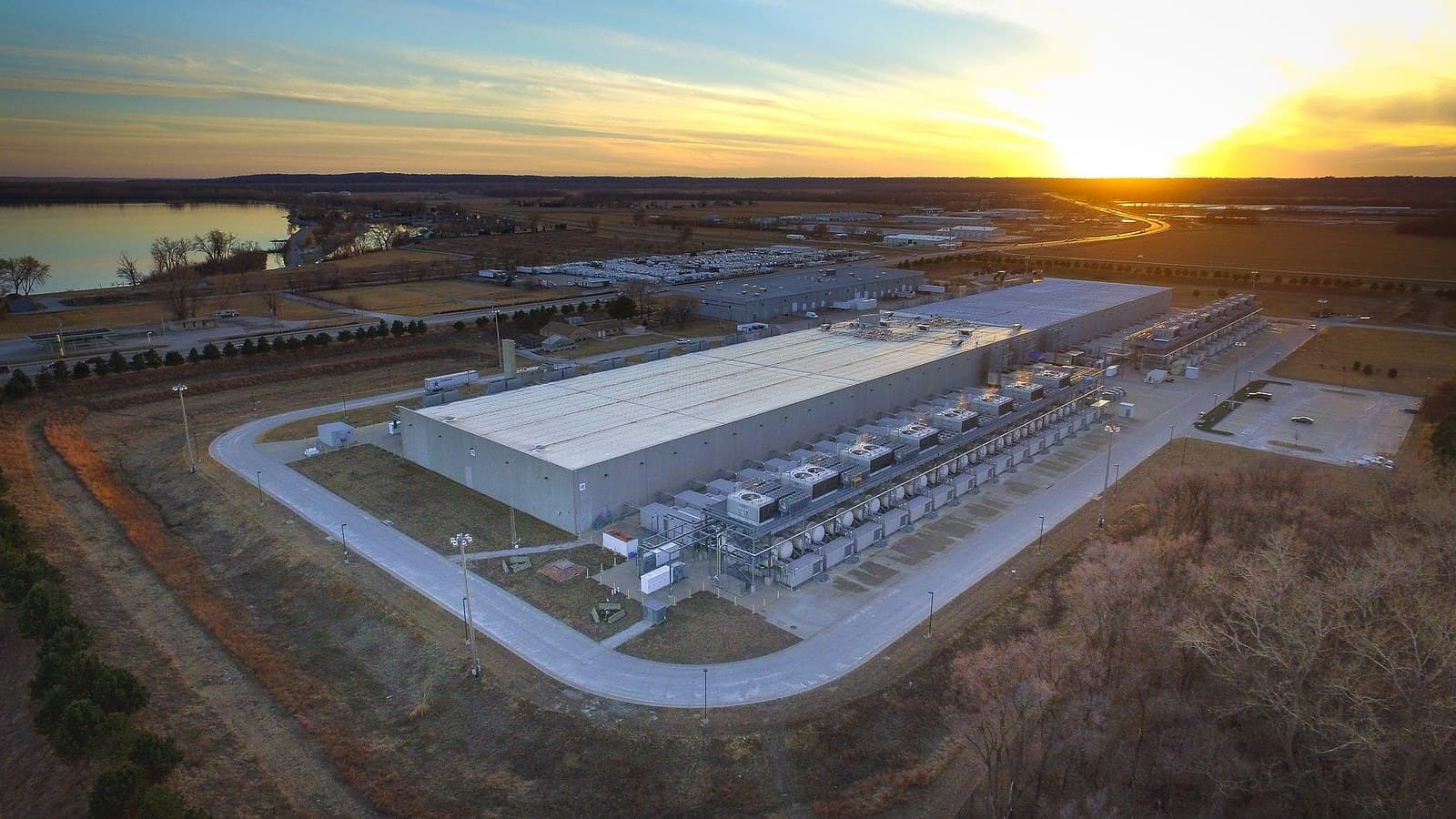Aerial view of the Google data center campus in Council Bluffs, Iowa at sunset