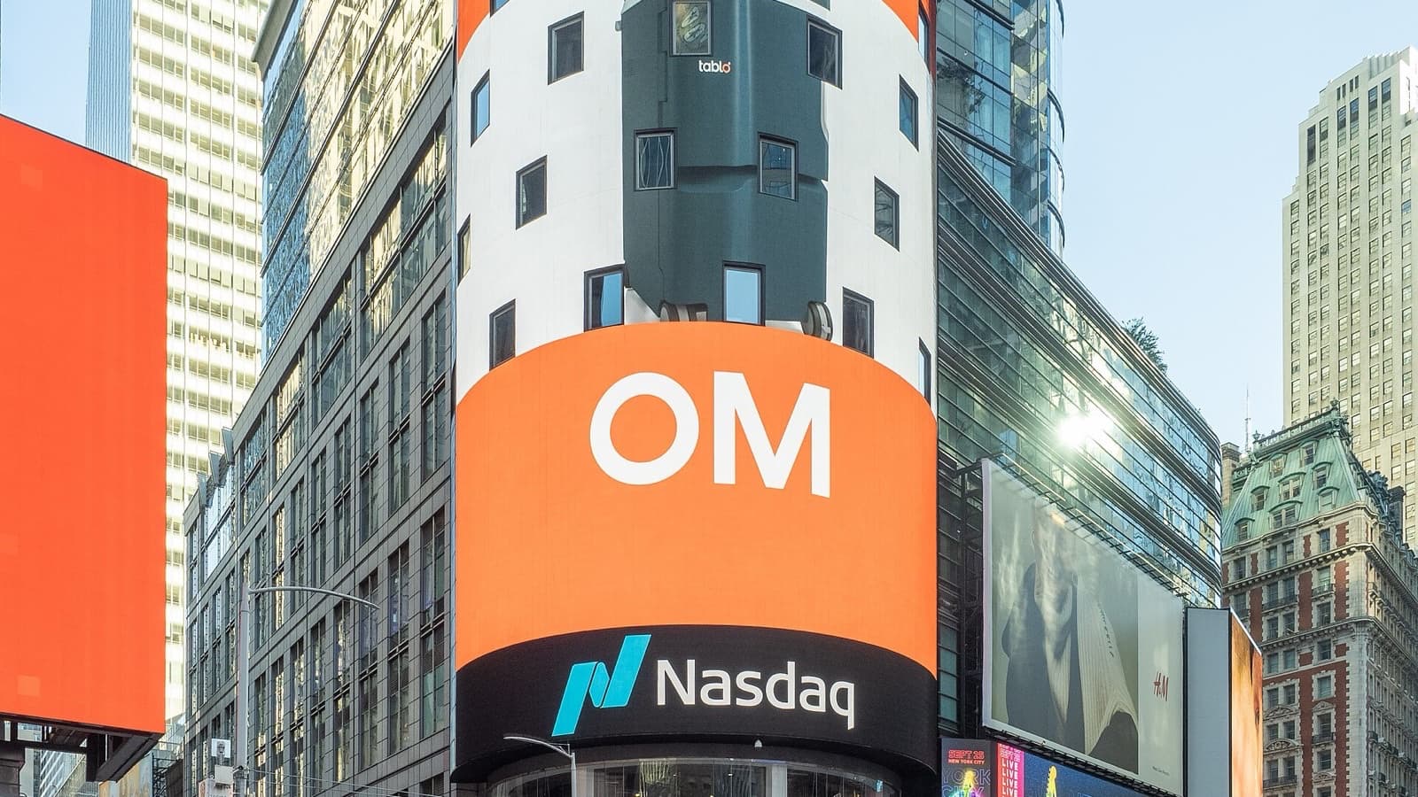 The Nasdaq MarketSite displays in Times Square, New York