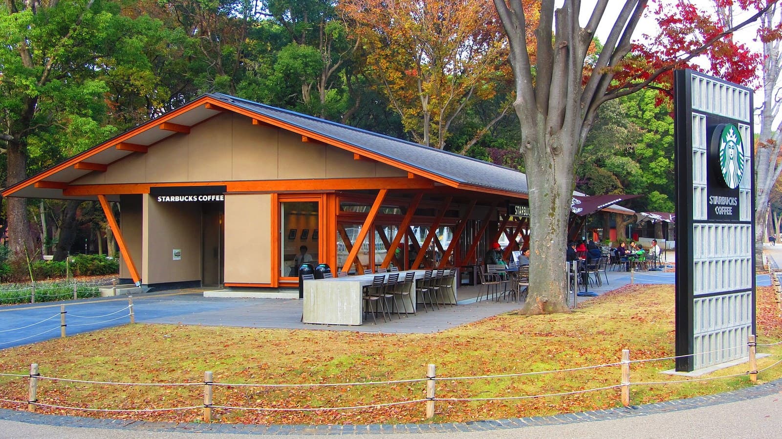 A Starbucks coffeehouse beside trees with outdoor seating and the green siren sign