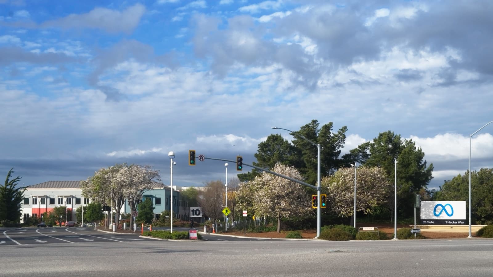 Meta Platforms headquarters entrance and campus buildings in Menlo Park, California.