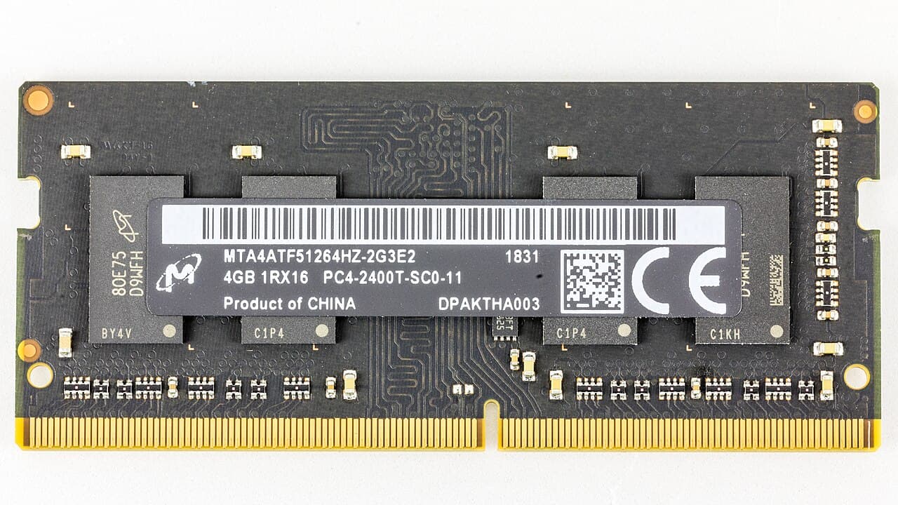 Close-up photograph of a Micron 4GB DDR4 laptop memory module