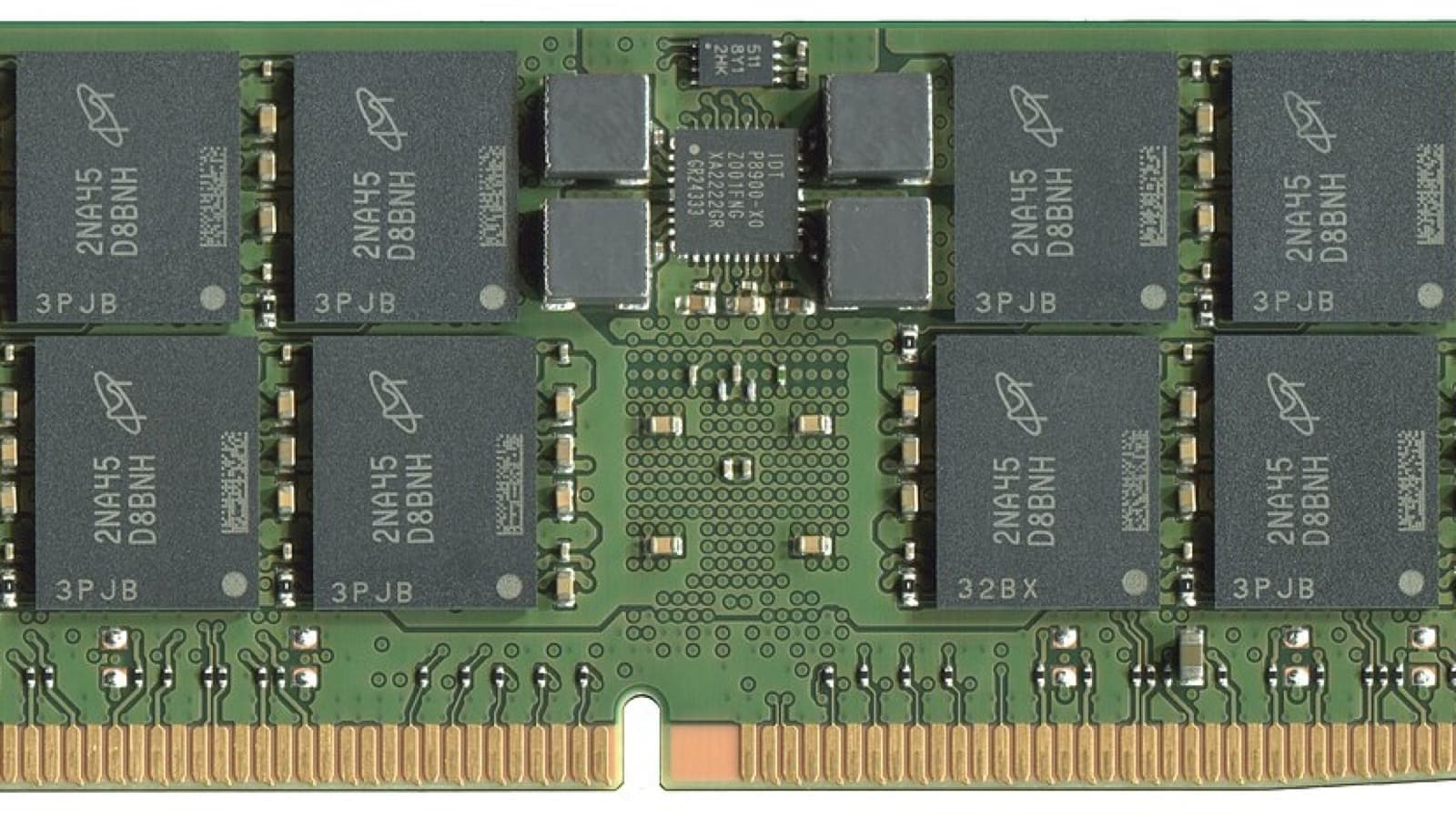 Close-up photograph of a Micron 64 GiB DDR5 ECC server-memory module and its memory chips.