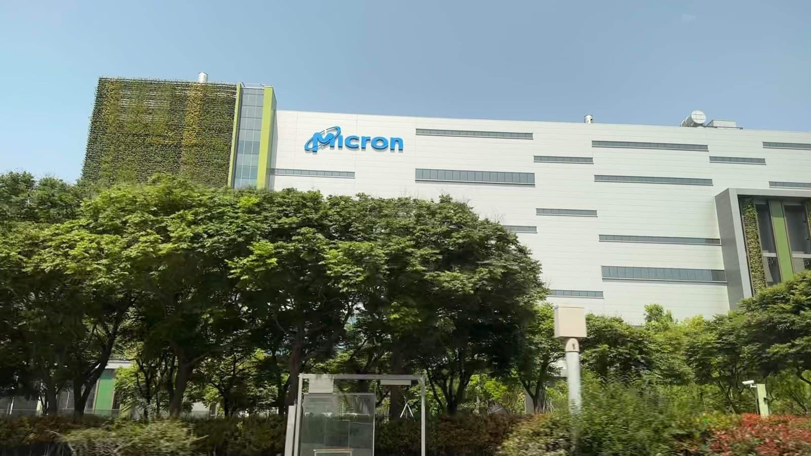 Exterior photograph of a Micron semiconductor fabrication building in Taichung, Taiwan
