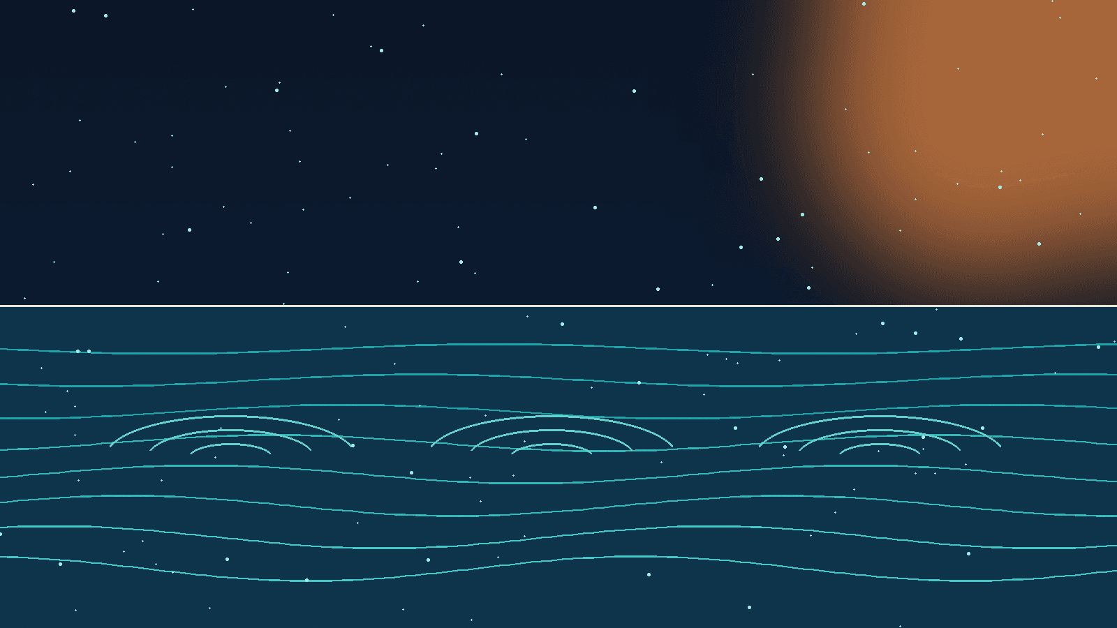 Calm editorial seascape with compressed wave bands representing lower volatility.