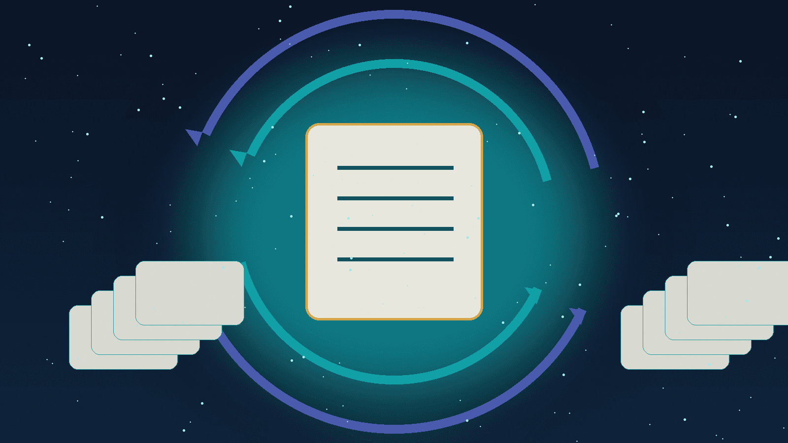 Editorial illustration of a contract sheet moving through a circular decision path.