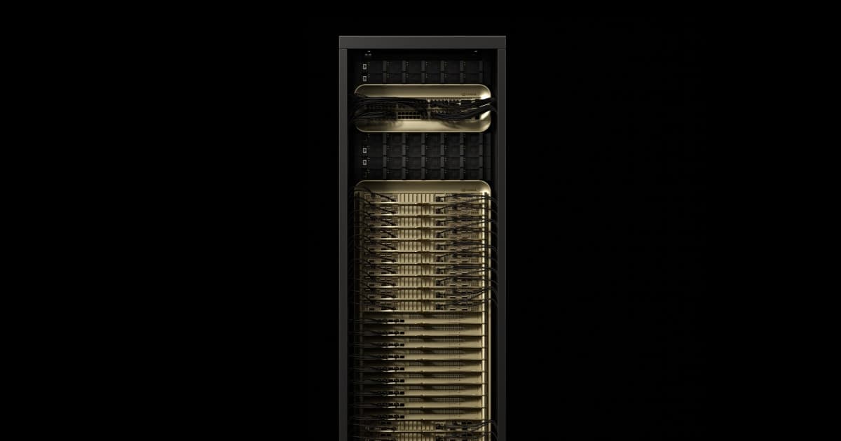 NVIDIA GB200 NVL72 data-center rack against a dark background.