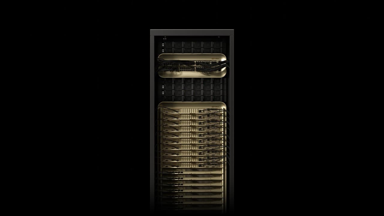 NVIDIA official GB300 NVL72 data-center rack image against a dark background.