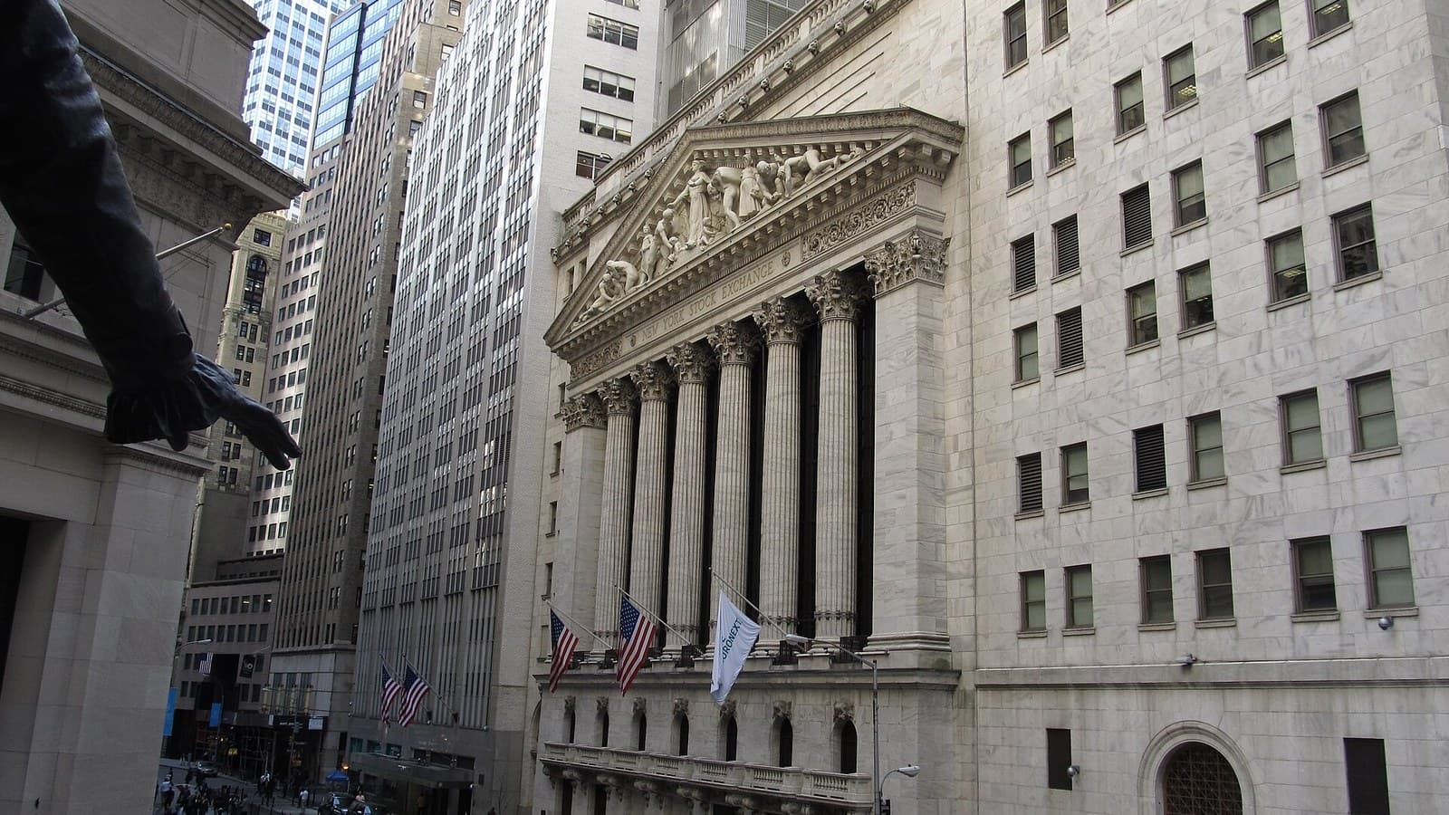 The main entrance of the New York Stock Exchange on Broad Street in Manhattan