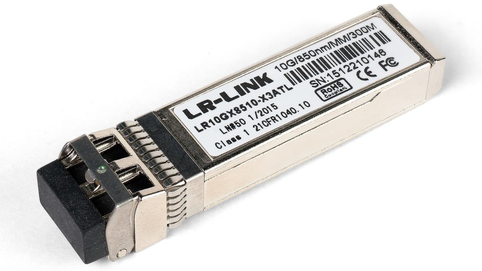 Close-up of a 10GBASE-SR SFP+ optical transceiver module on a dark surface