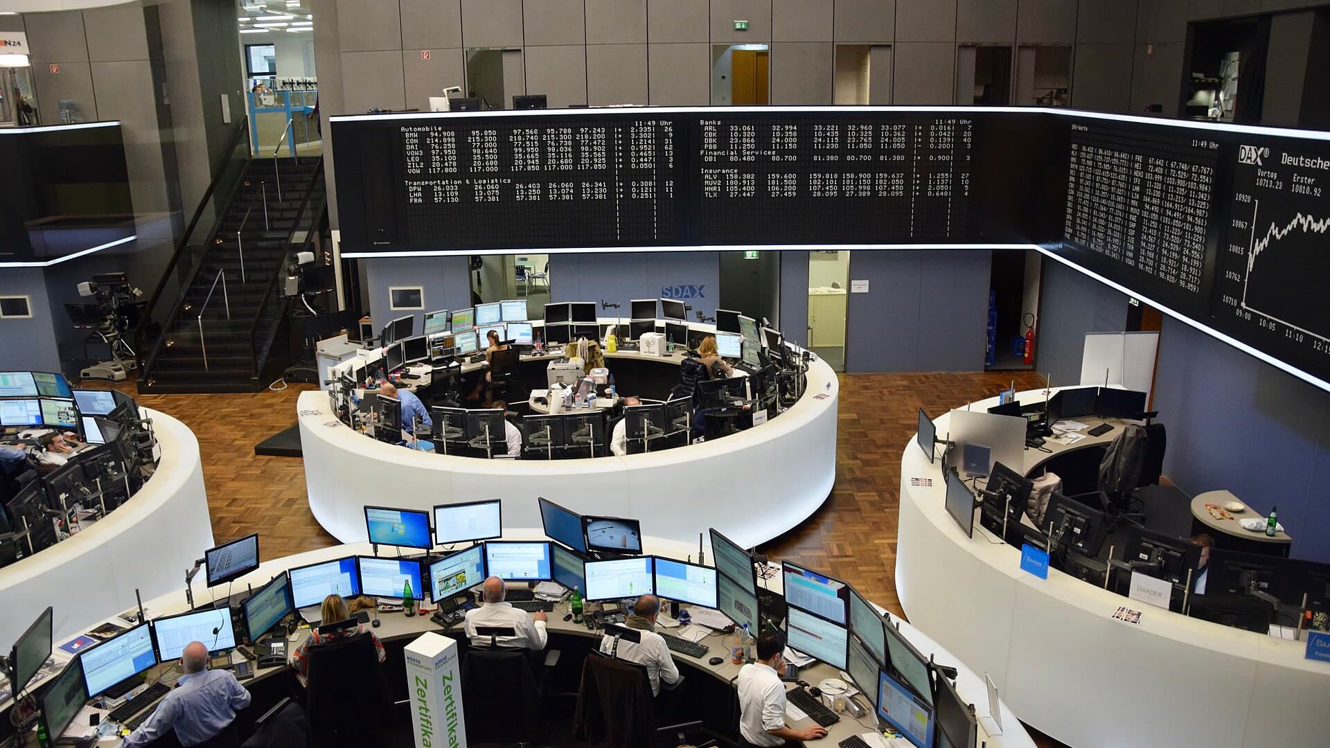 Electronic quote boards above the Frankfurt Stock Exchange trading floor