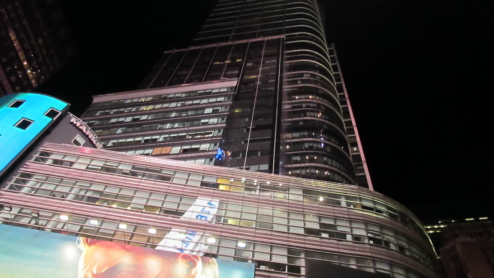 Illuminated Nasdaq MarketSite screens at 4 Times Square at night
