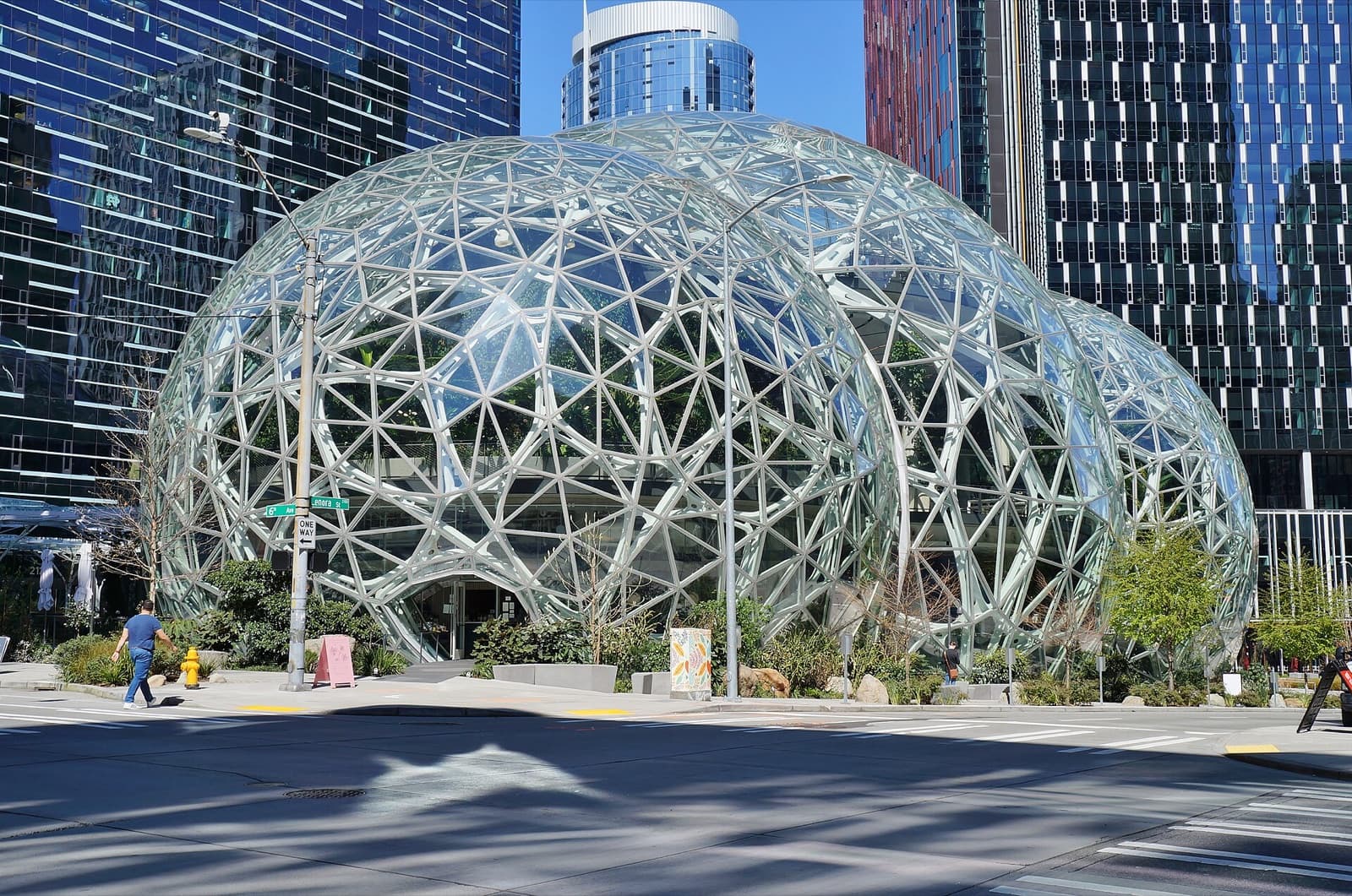 The glass domes of the Amazon Spheres at Amazon's Seattle headquarters, seen from 6th Avenue