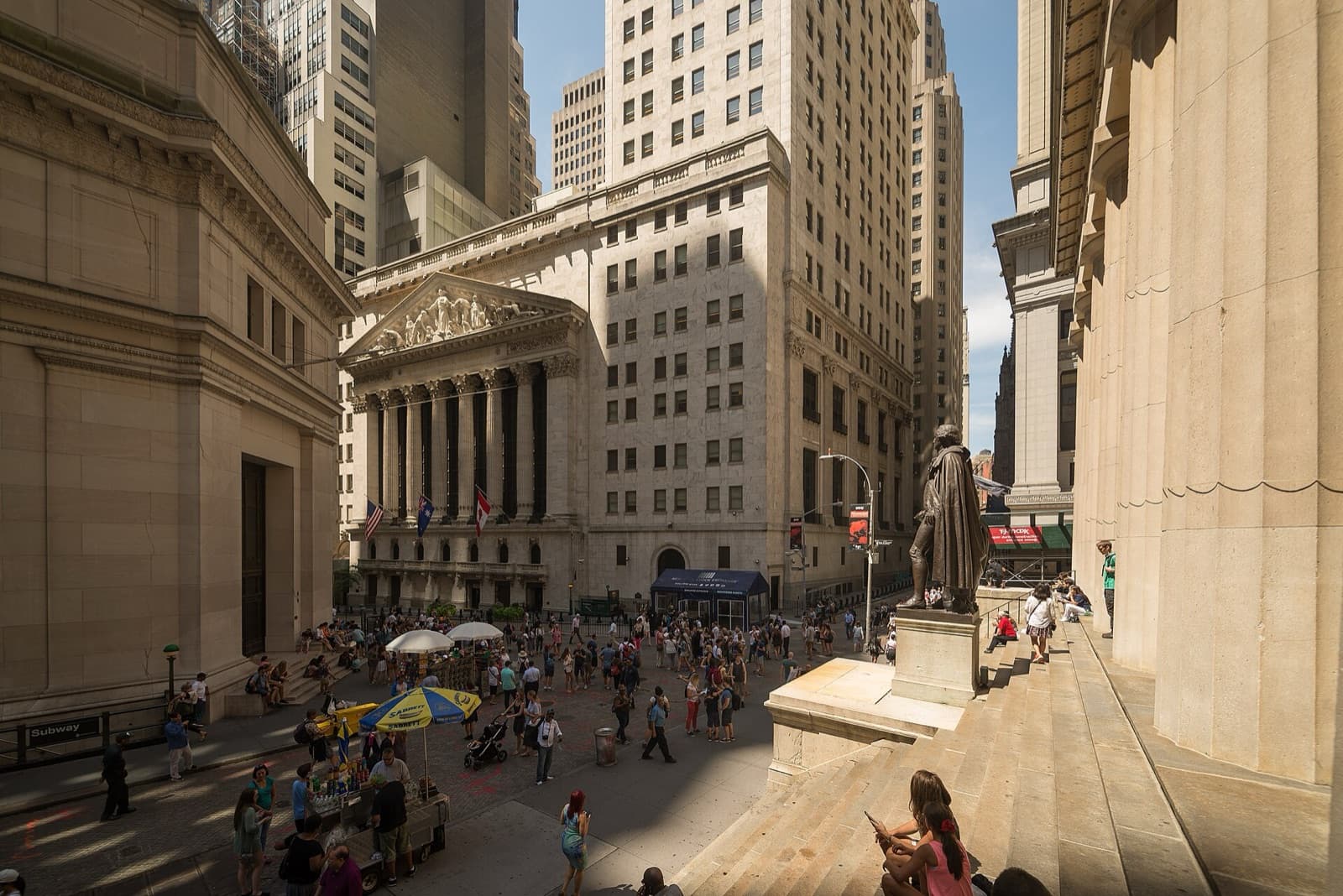 The New York Stock Exchange and Federal Hall at the corner of Wall Street and Broad Street