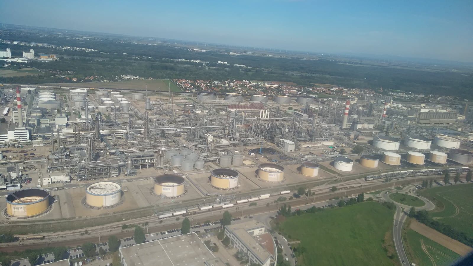 Archival aerial photograph of the Schwechat oil refinery near Vienna, Austria