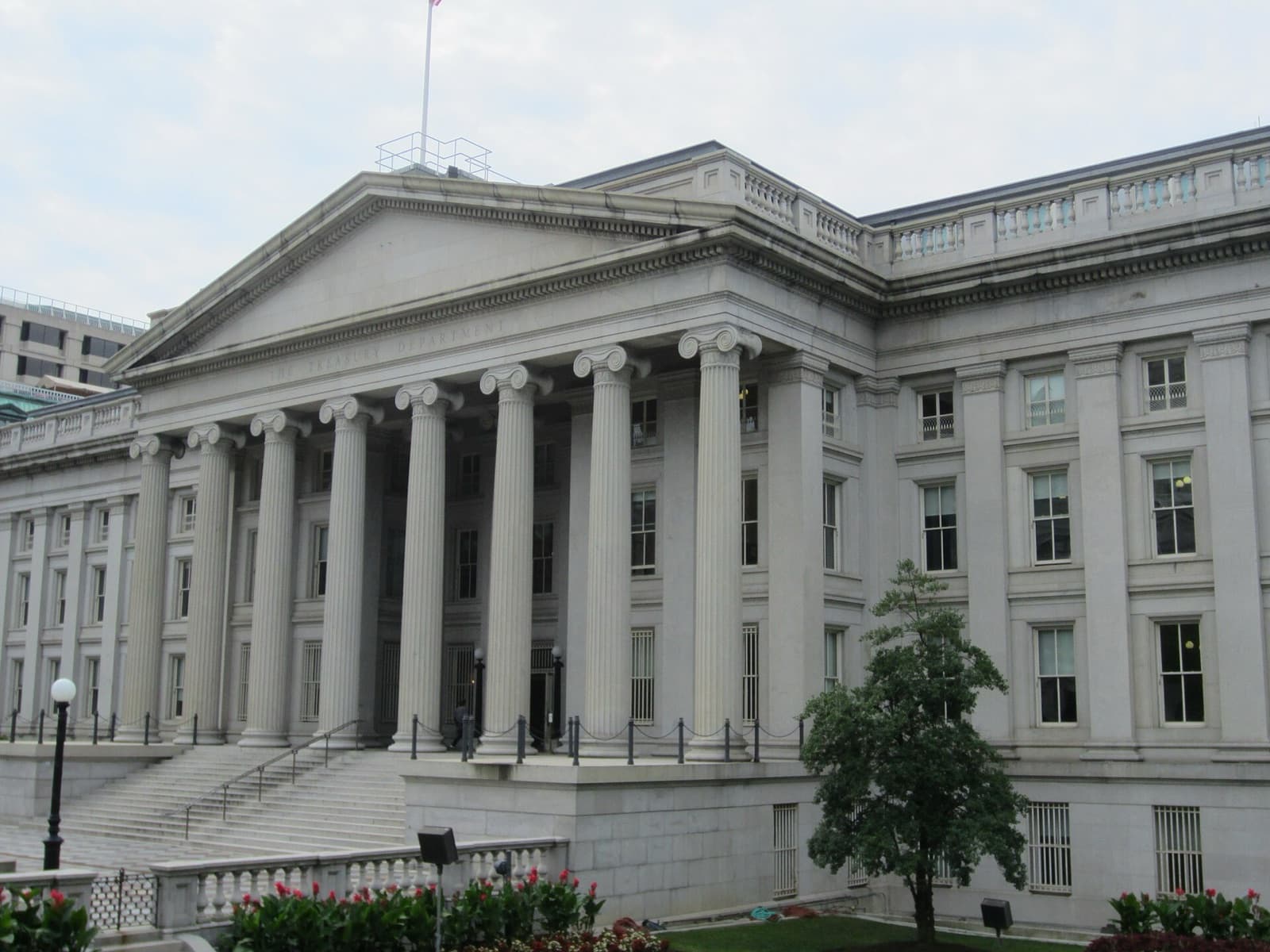 The U.S. Treasury Building in Washington, D.C., with its columned portico